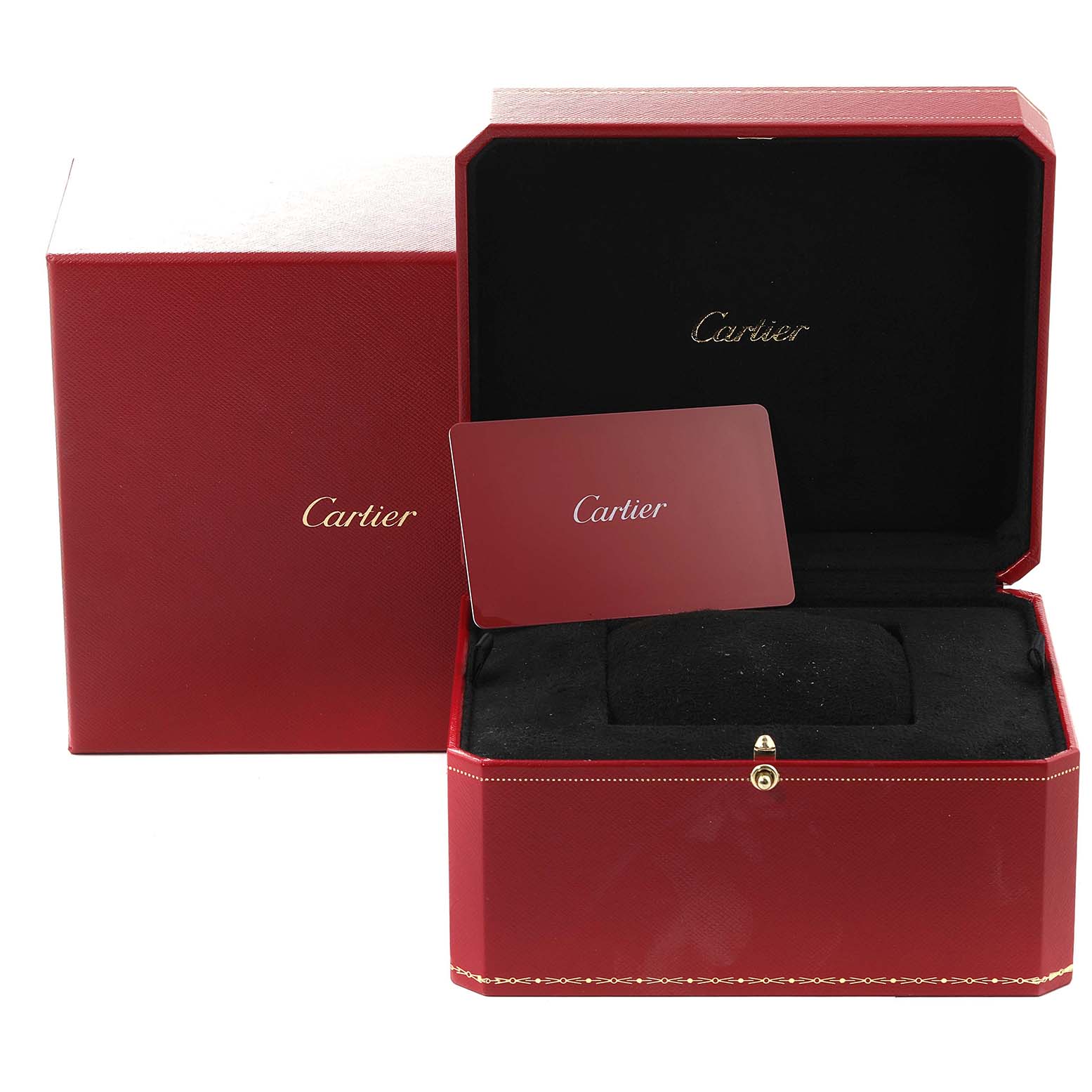 The image shows a Cartier Tank Française watch box and a Cartier card, photographed from the front.