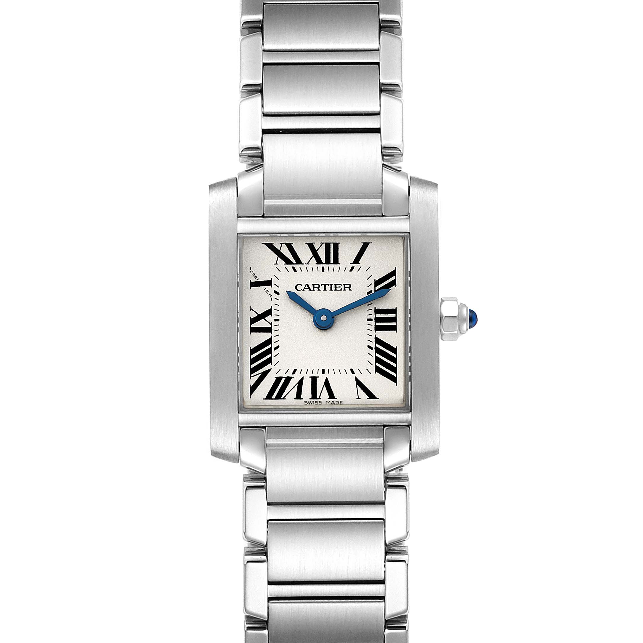 The image shows a front view of the Cartier Tank Francaise W51008Q3 Women's Stainless Steel Silver Dial W51008Q3 Women's Stainless Steel Silver Dial watch, highlighting its rectangular case, Roman numeral dial, and stainless steel bracelet.