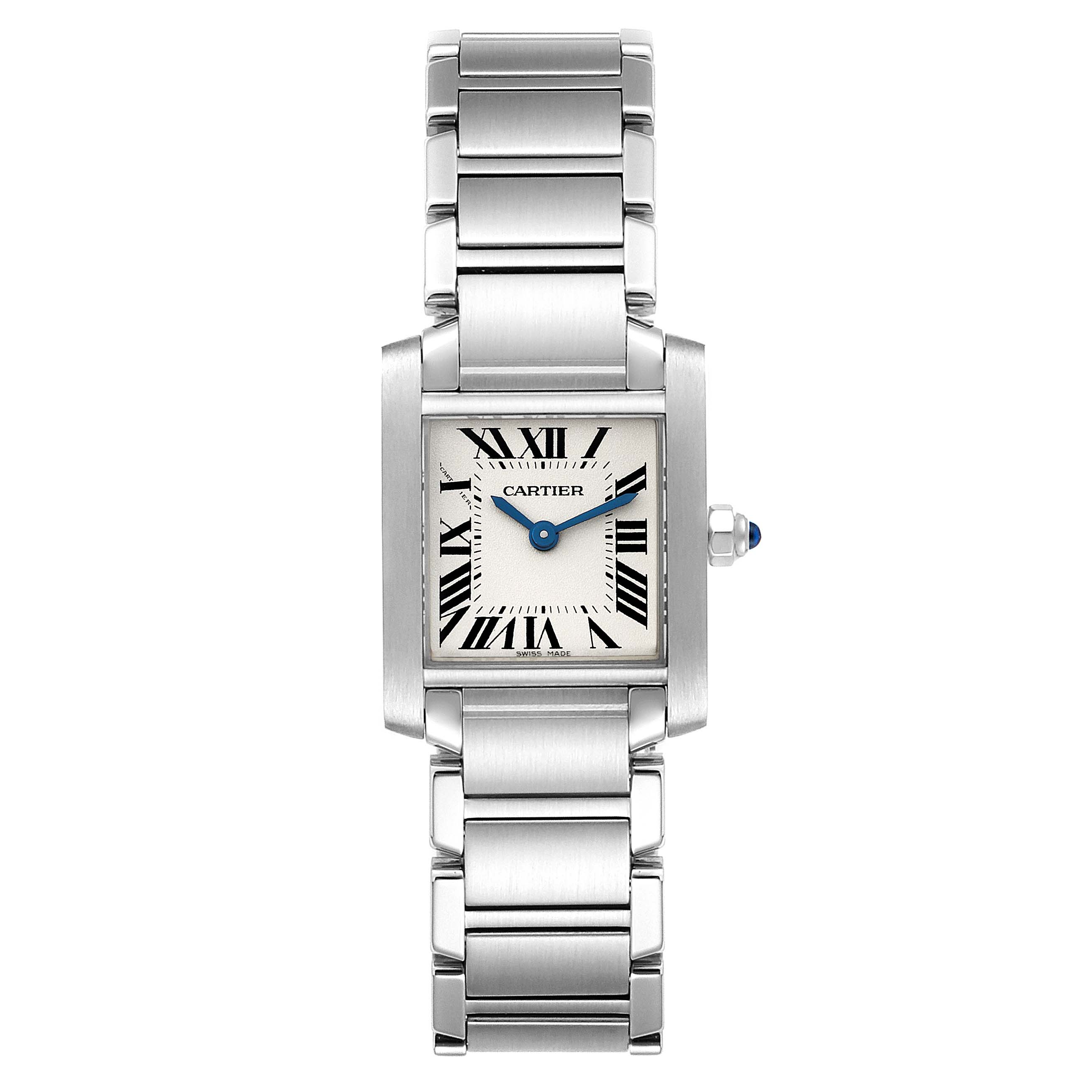 The image shows a Cartier Tank Française watch from a front angle, displaying the face, bezel, and bracelet.