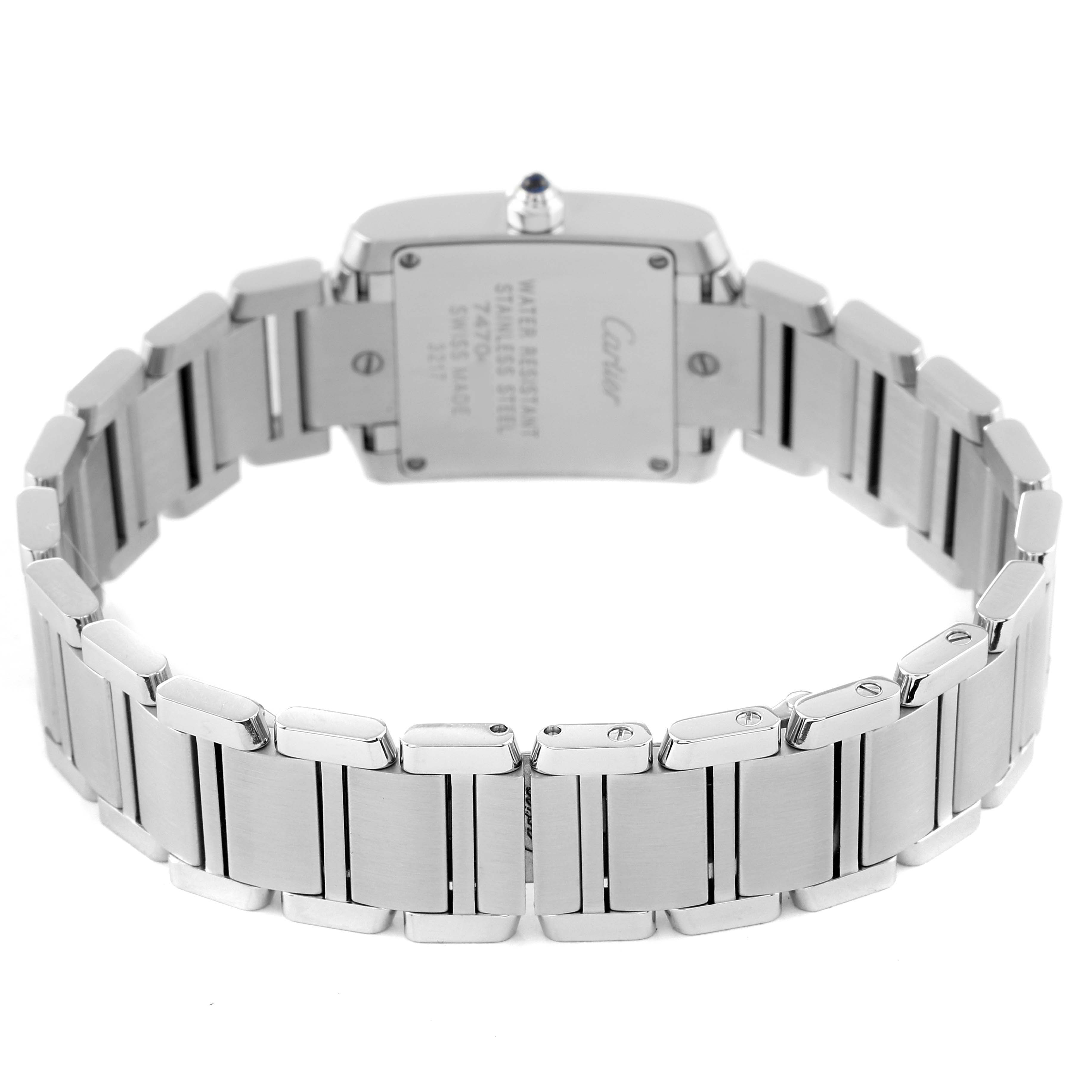 This image shows the back view of the Cartier Tank Francaise W51008Q3 Women's Stainless Steel Silver Dial W51008Q3 Women's Stainless Steel Silver Dial watch, highlighting its stainless steel clasp and bracelet.