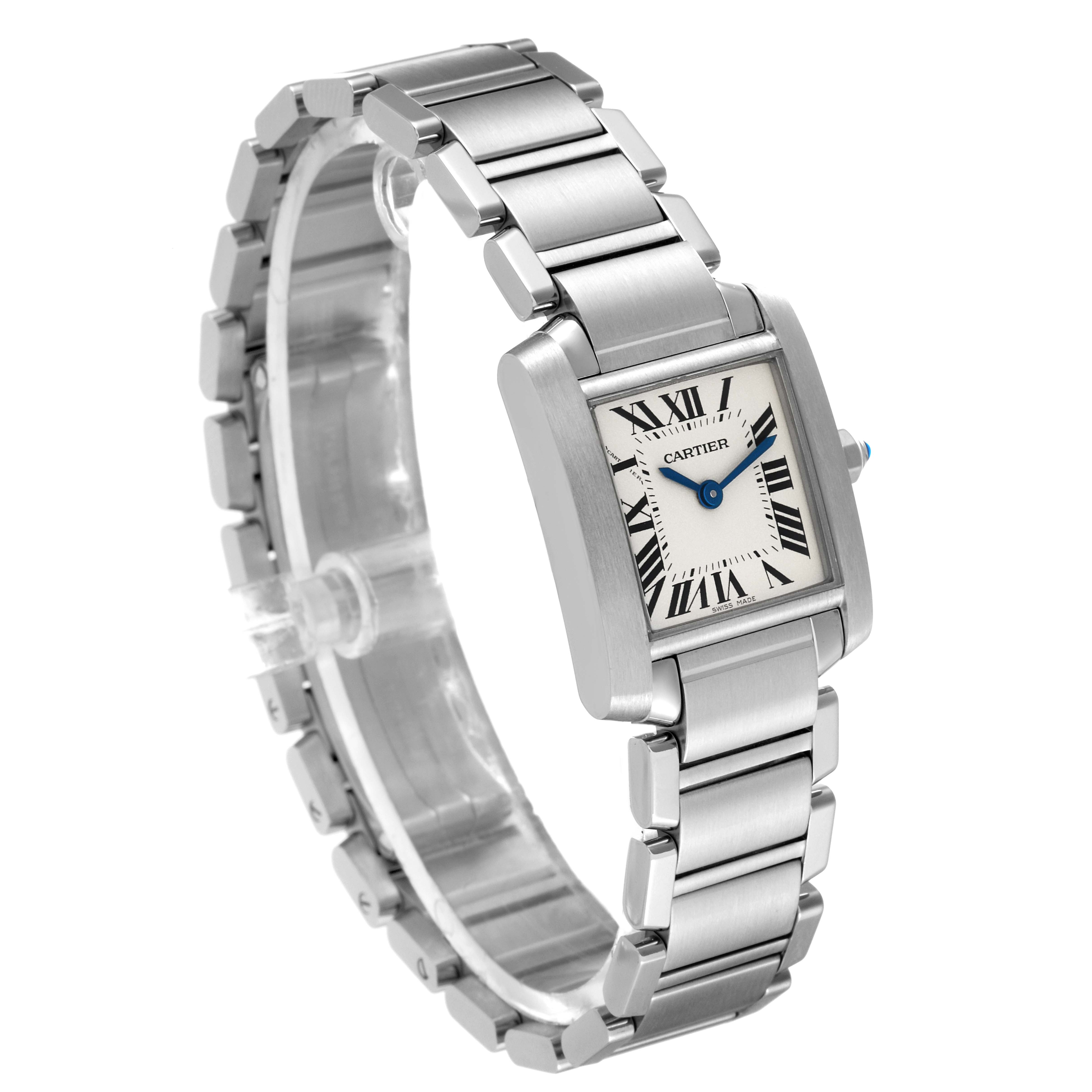 The image shows an angled side view of the Cartier Tank Francaise W51008Q3 Women's Stainless Steel Silver Dial W51008Q3 Women's Stainless Steel Silver Dial watch, highlighting the face, case, and bracelet.