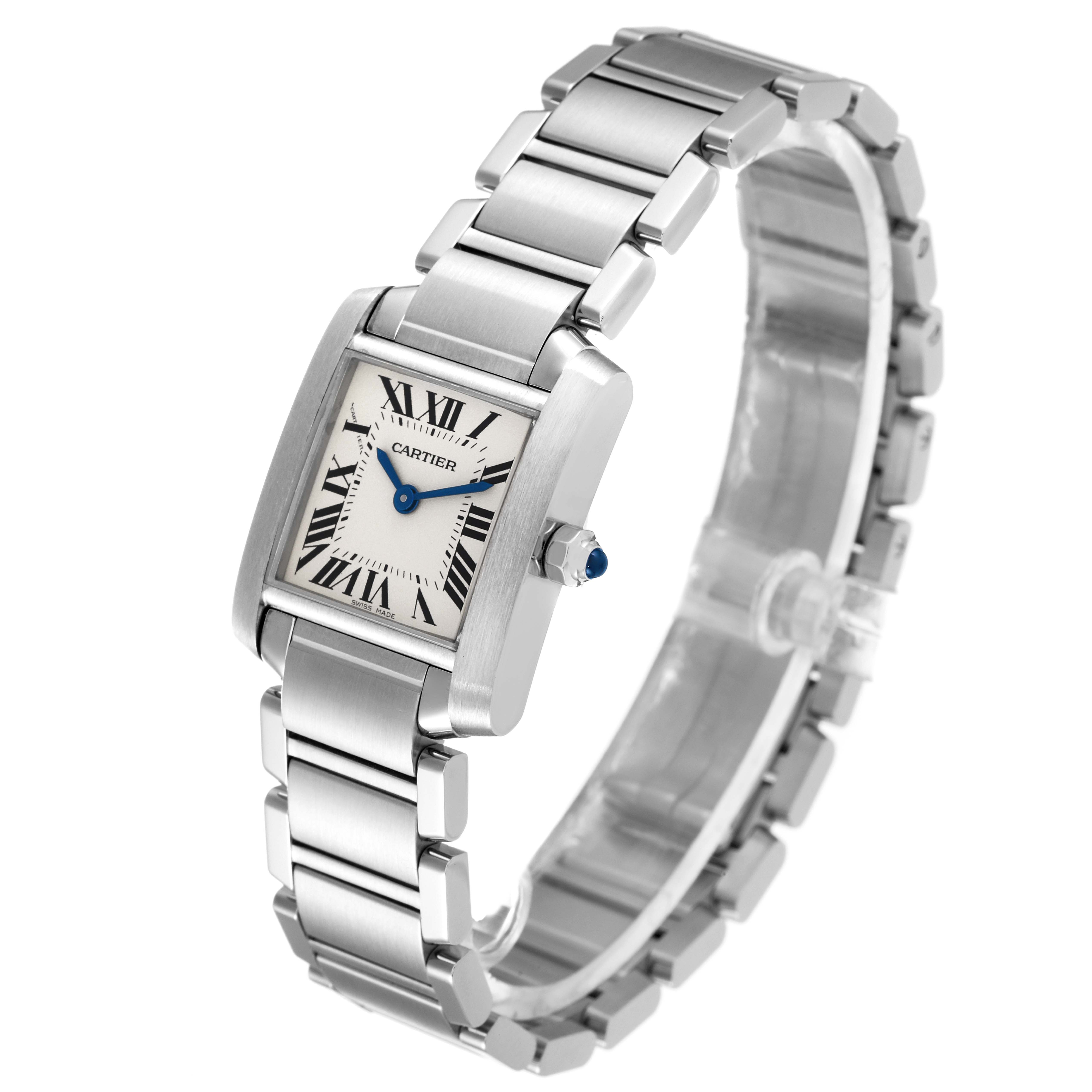 This image shows a Cartier Tank Francaise W51008Q3 Women's Stainless Steel Silver Dial W51008Q3 Women's Stainless Steel Silver Dial watch at a three-quarter angle, highlighting its face, bracelet, and blue cabochon crown.