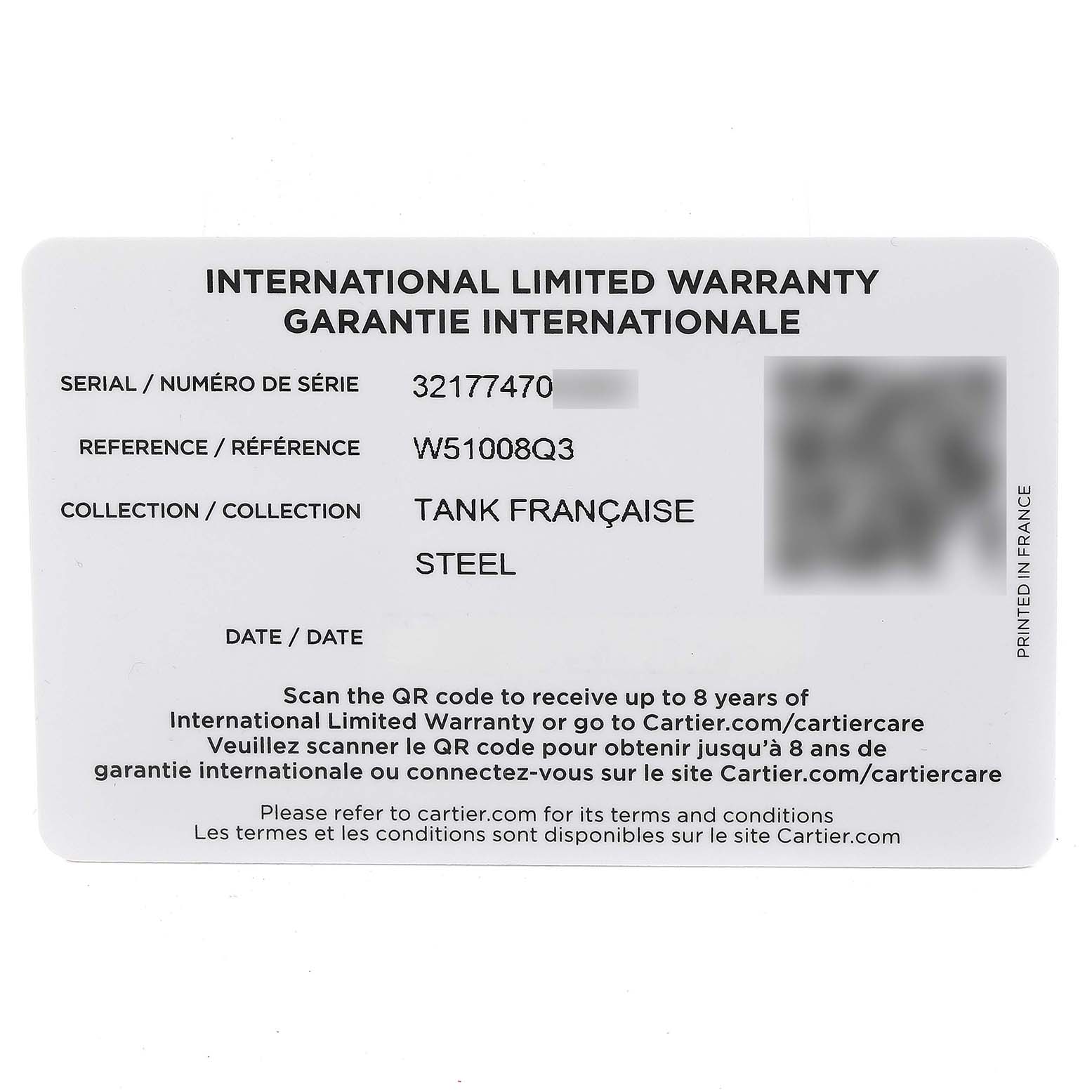 This is the international limited warranty card for the Cartier Tank Française watch model.