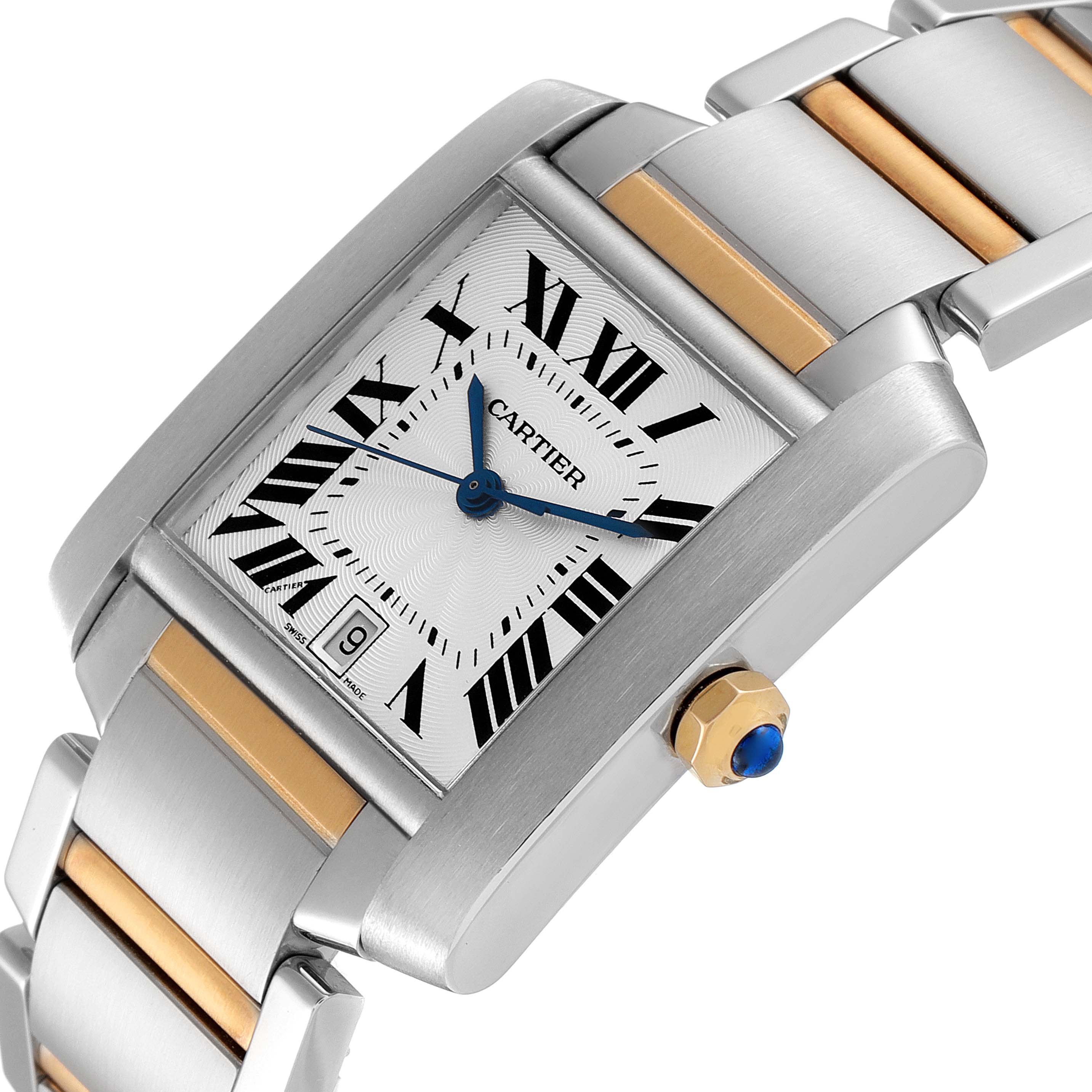 The Cartier Tank Francaise W51005Q4 Men's Steel and Gold (two tone) Silver Dial W51005Q4 Men's Steel and Gold (two tone) Silver Dial watch is shown at an angle highlighting the face, crown, and part of the two-tone bracelet.