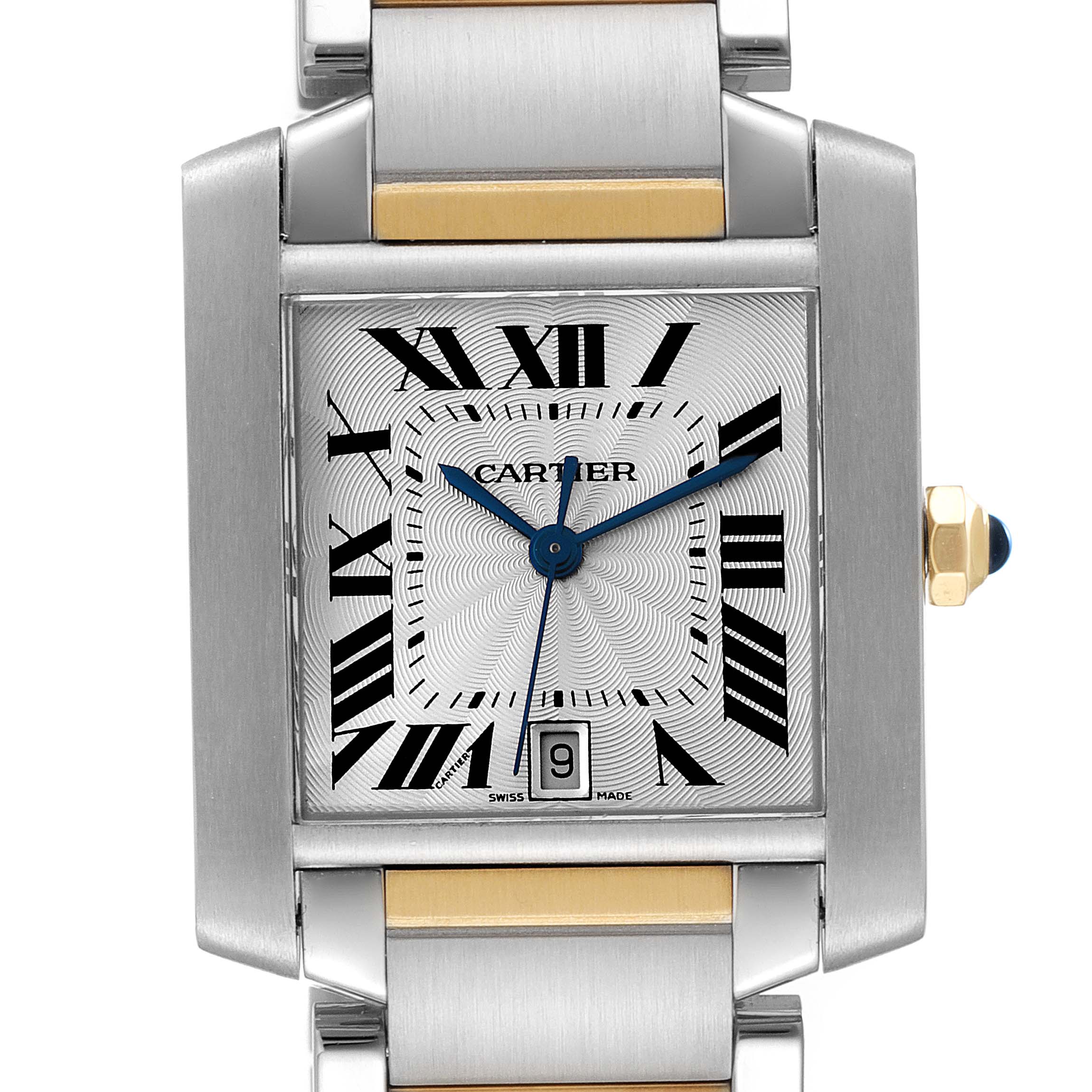 The image shows a frontal view of a Cartier Tank Francaise W51005Q4 Men's Steel and Gold (two tone) Silver Dial W51005Q4 Men's Steel and Gold (two tone) Silver Dial watch, highlighting the dial, Roman numerals, and part of the bracelet.