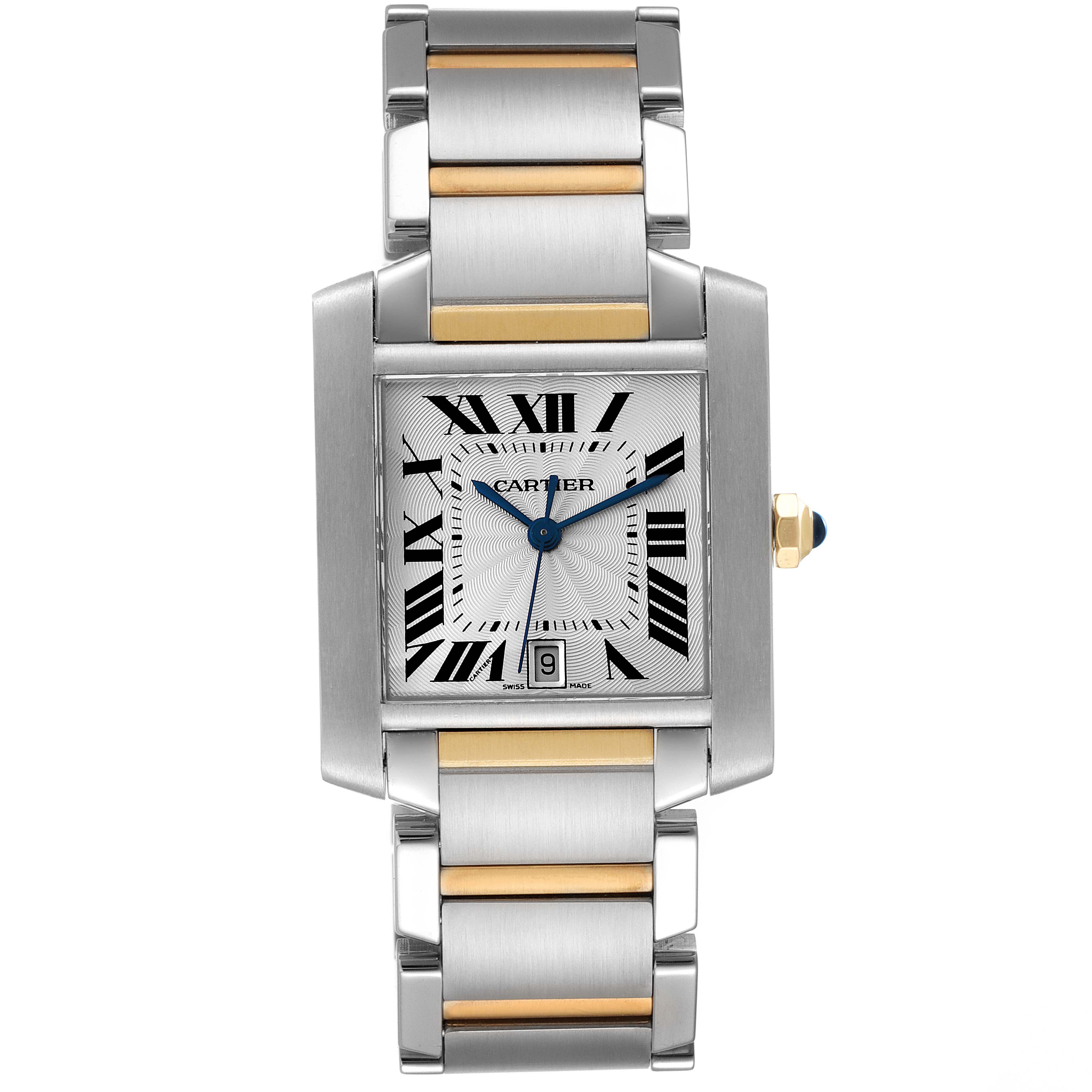 This is a front view of the Cartier Tank Francaise W51005Q4 Men's Steel and Gold (two tone) Silver Dial W51005Q4 Men's Steel and Gold (two tone) Silver Dial watch, showing its face, Roman numeral dial, date window, and two-tone metal strap.