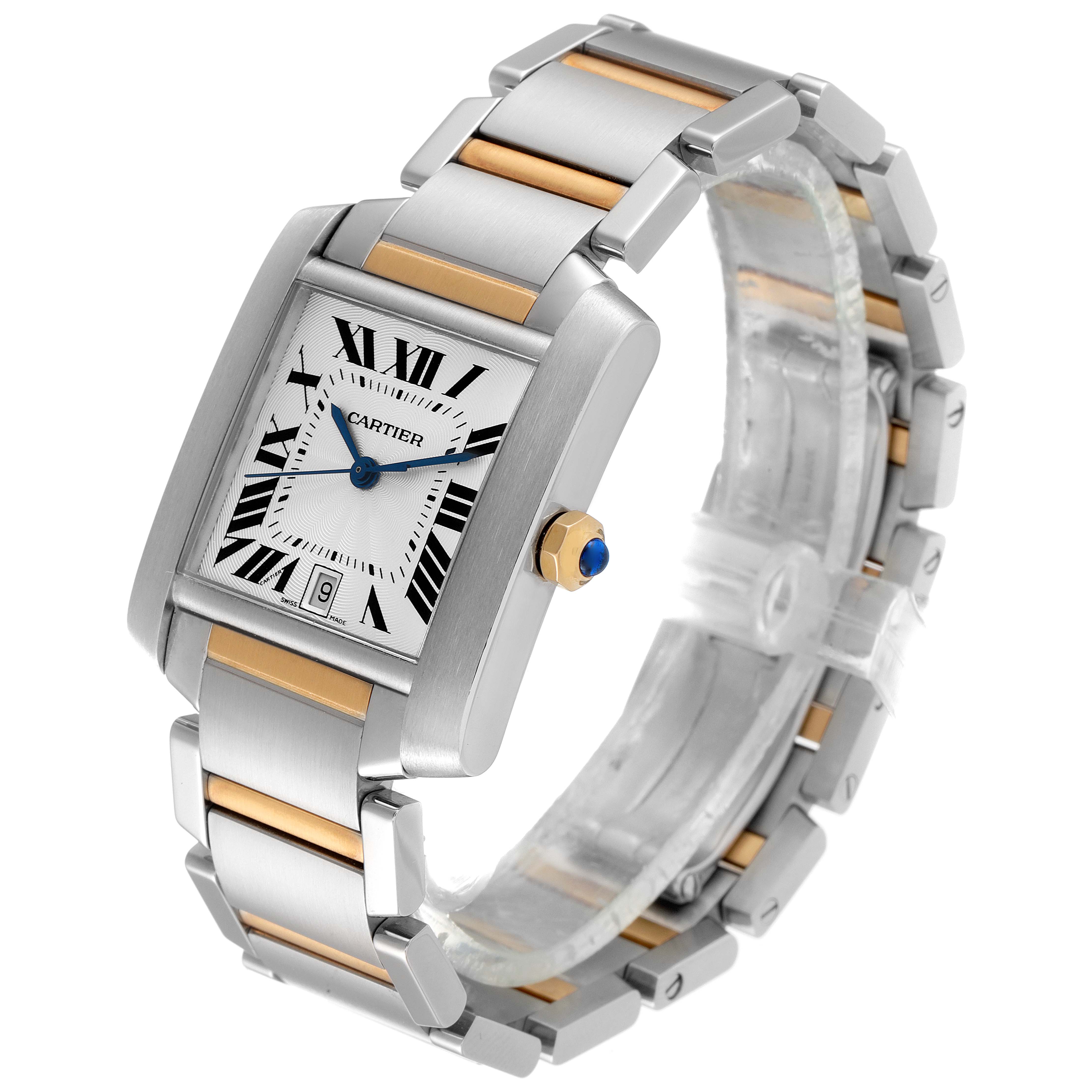 This image shows a Cartier Tank Francaise W51005Q4 Men's Steel and Gold (two tone) Silver Dial W51005Q4 Men's Steel and Gold (two tone) Silver Dial watch at a three-quarter angle, highlighting its face, bezel, crown, and two-toned bracelet.