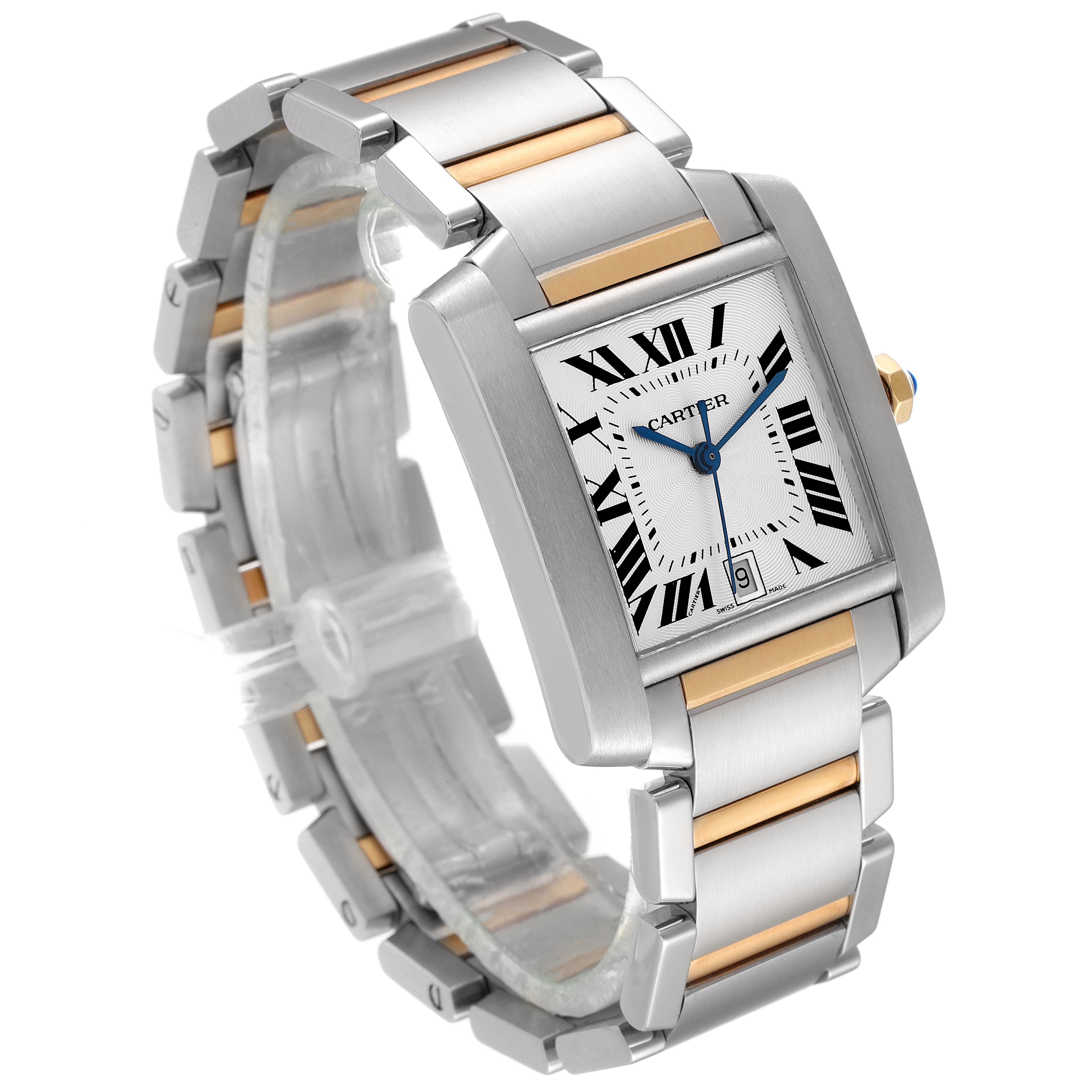 This Cartier Tank Francaise W51005Q4 Men's Steel and Gold (two tone) Silver Dial W51005Q4 Men's Steel and Gold (two tone) Silver Dial watch is displayed at a three-quarter angle showing the face, strap, and side crown.
