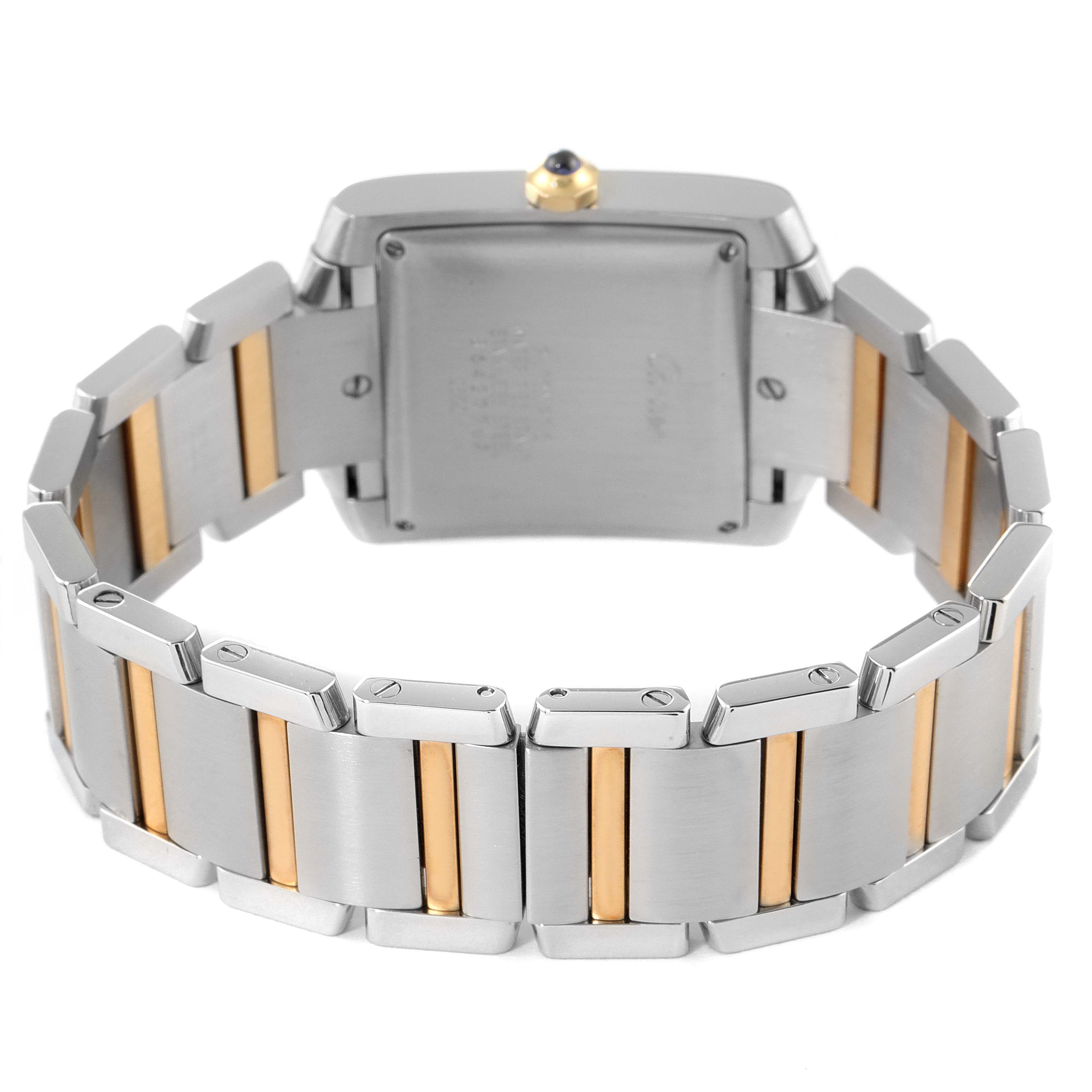 This image shows the back view of the Cartier Tank Francaise W51005Q4 Men's Steel and Gold (two tone) Silver Dial W51005Q4 Men's Steel and Gold (two tone) Silver Dial watch, focusing on the case and metal bracelet with gold accents.