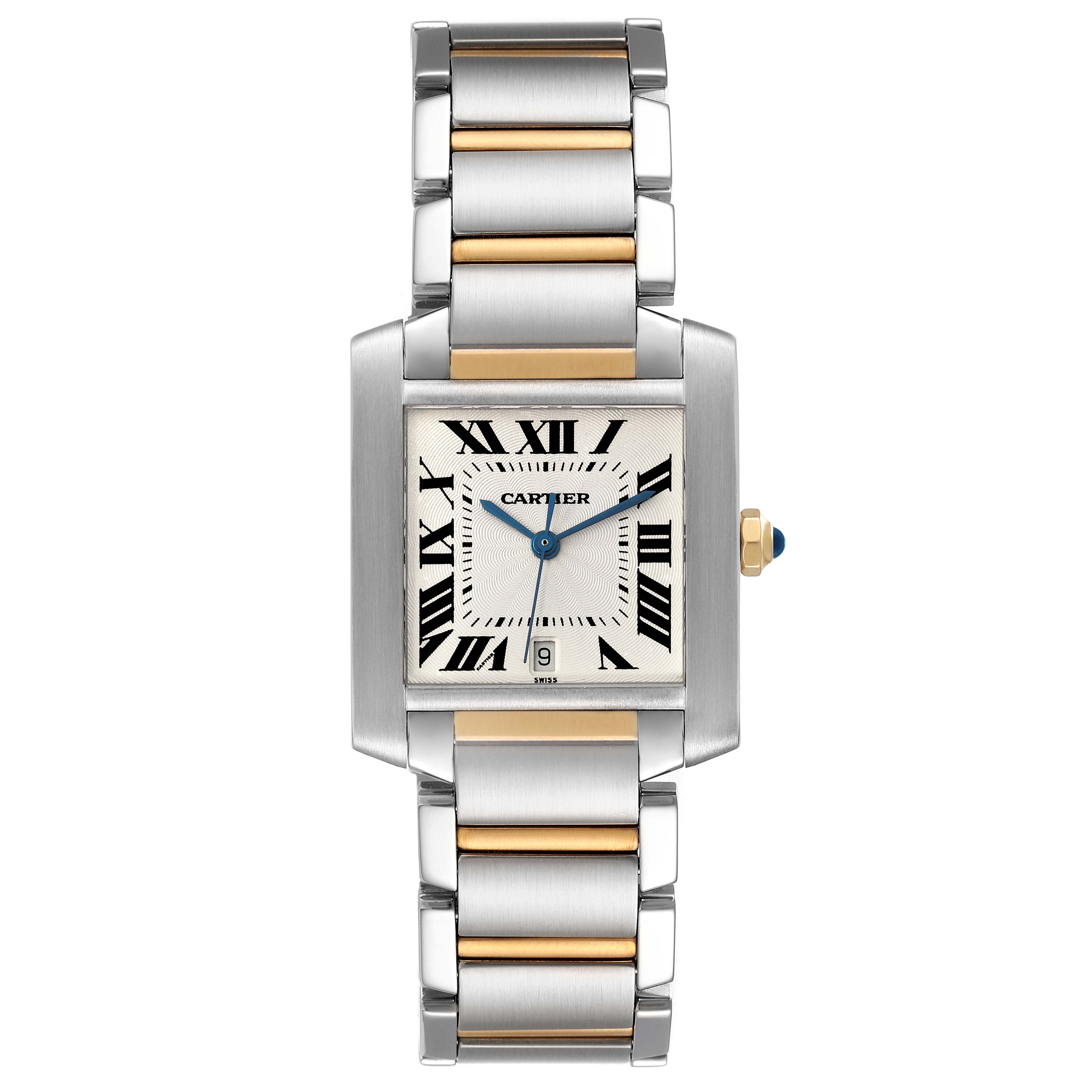 The image shows a Cartier Tank Française watch, featuring a silver and gold bracelet, seen from a top-down angle.