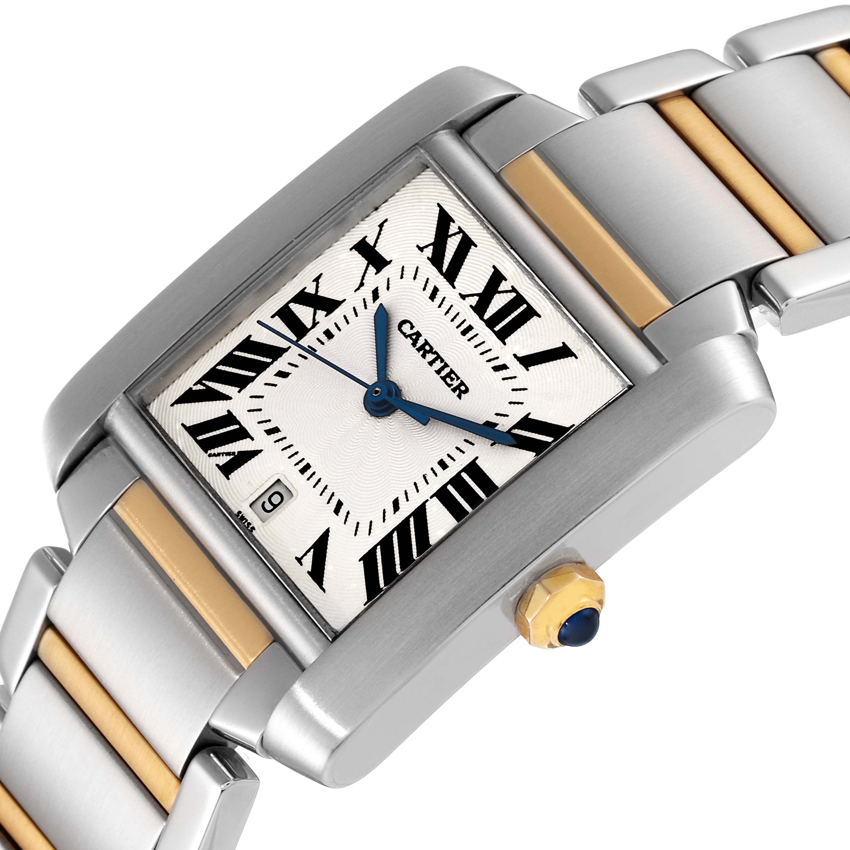 The image shows a close-up of the face and part of the bracelet of a Cartier Tank Francaise W51005Q4 Men's Steel and Gold (two tone) Silver Dial W51005Q4 Men's Steel and Gold (two tone) Silver Dial watch.