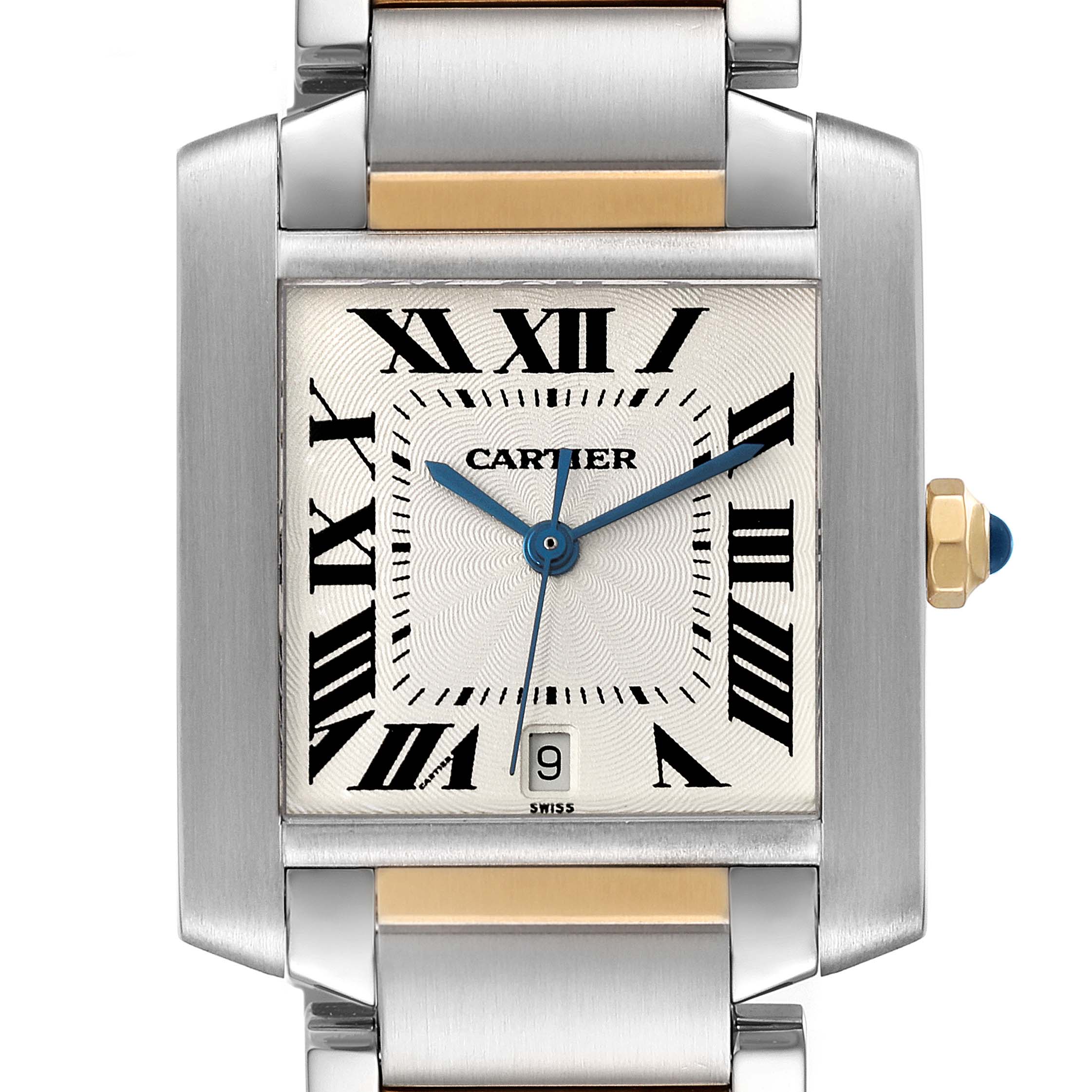 The image shows a close-up of the Cartier Tank Française watch face, including Roman numerals, blue hands, and part of the metal band.