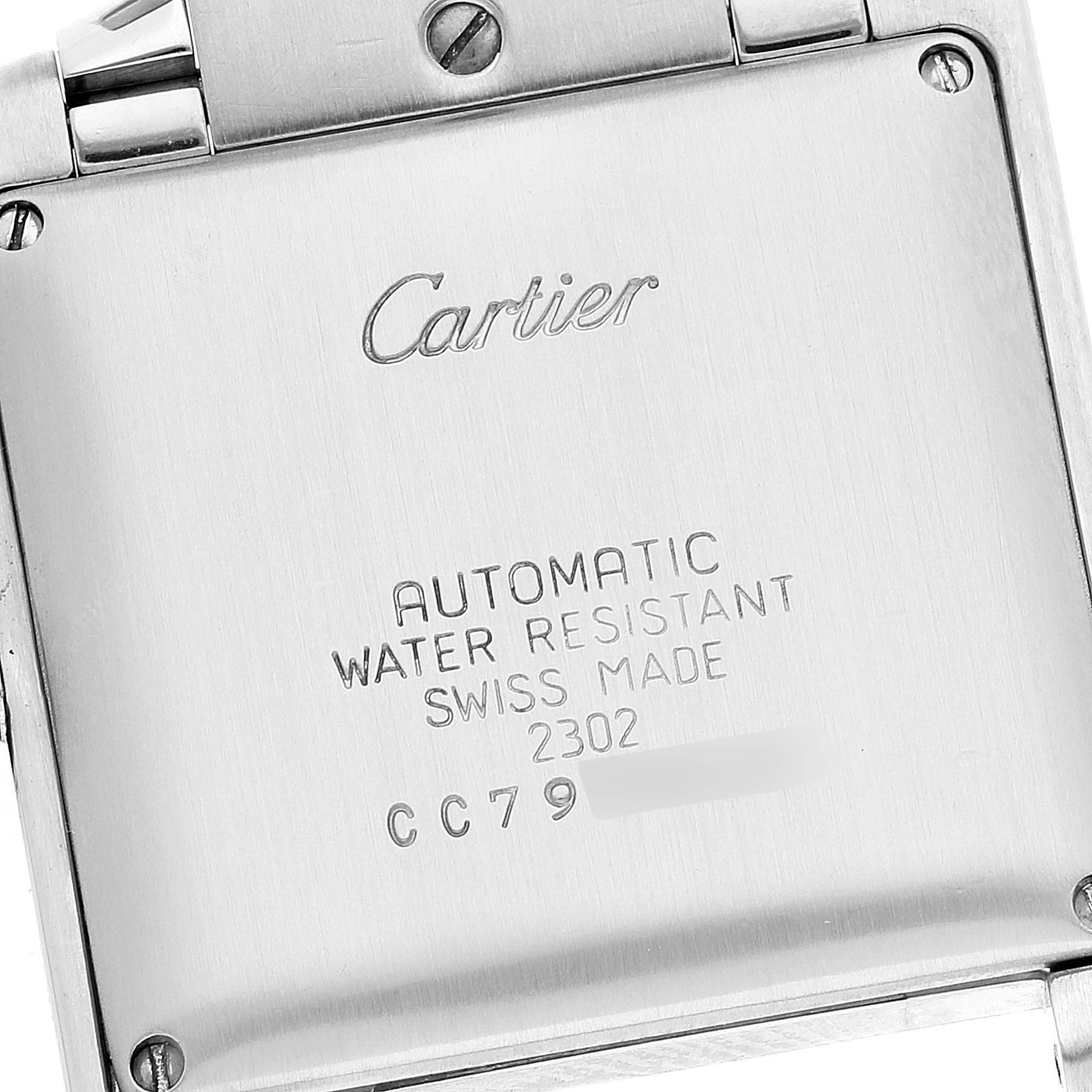 This image shows the back case of a Cartier Tank Française watch, displaying details like "Automatic," "Water Resistant," and "Swiss Made."
