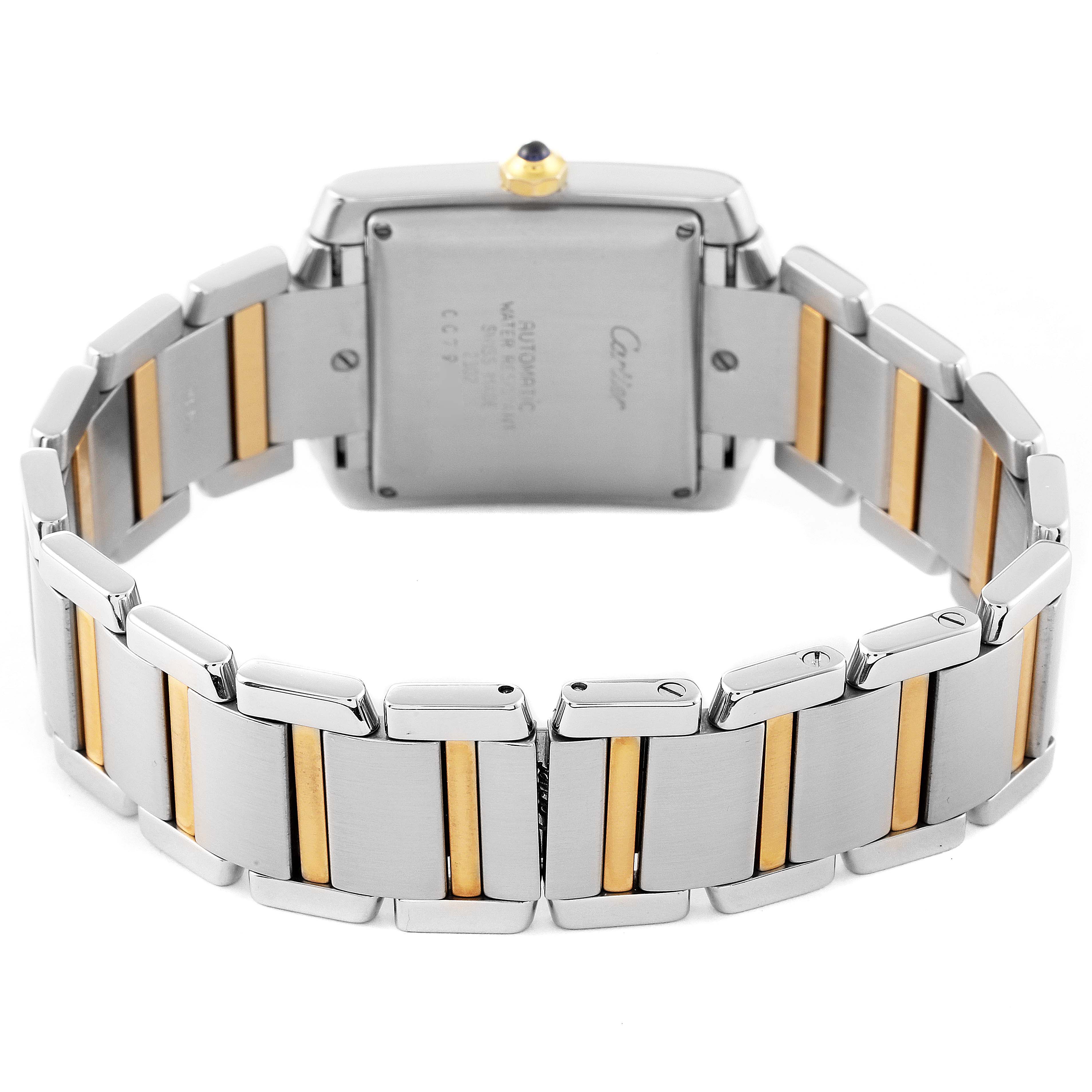 The image shows the back of the Cartier Tank Francaise W51005Q4 Men's Steel and Gold (two tone) Silver Dial W51005Q4 Men's Steel and Gold (two tone) Silver Dial model watch, highlighting the stainless steel and gold bracelet.