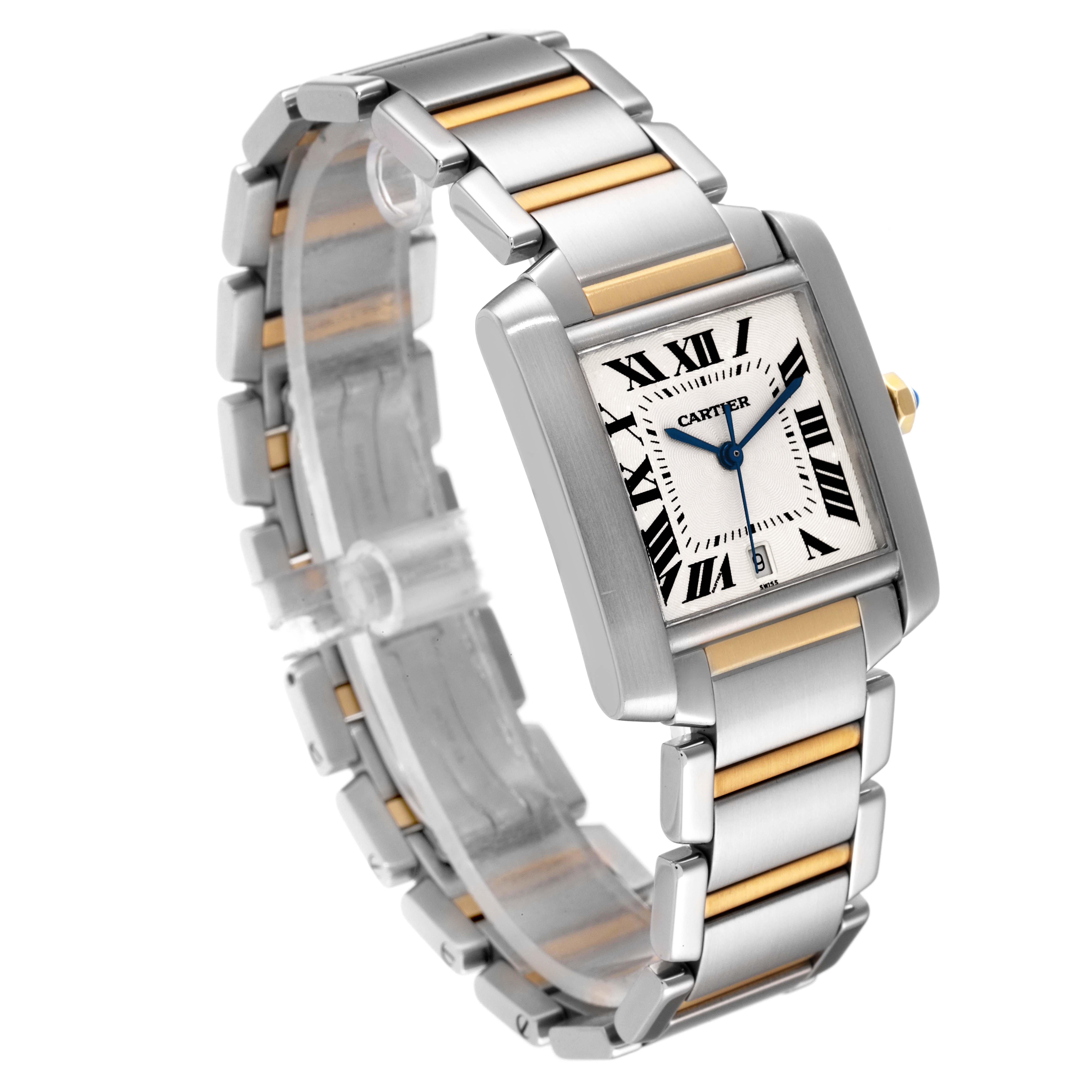 This image shows a Cartier Tank Francaise W51005Q4 Men's Steel and Gold (two tone) Silver Dial W51005Q4 Men's Steel and Gold (two tone) Silver Dial watch angled to display its face, bracelet links, and Roman numeral dial.