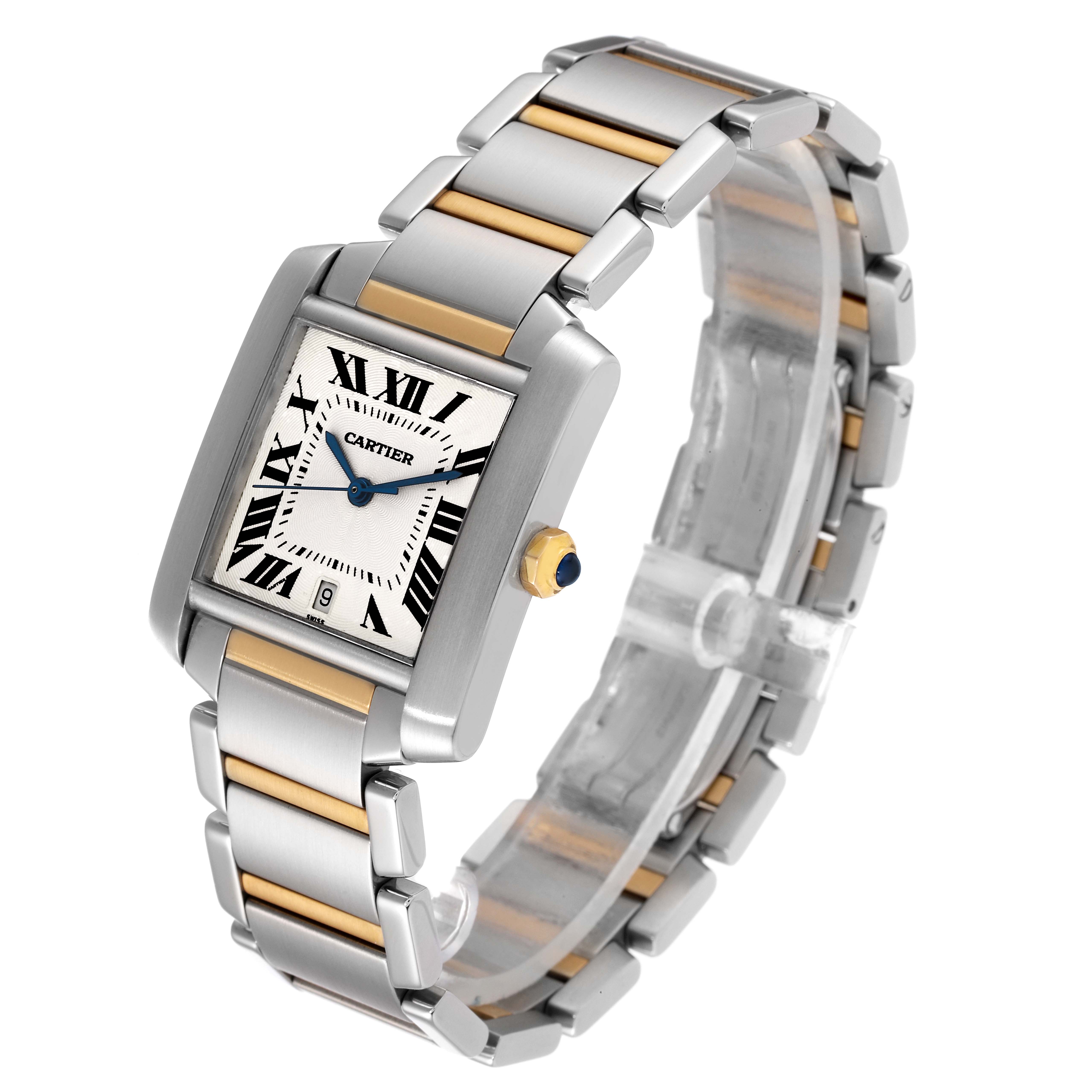 The image shows a Cartier Tank Francaise W51005Q4 Men's Steel and Gold (two tone) Silver Dial W51005Q4 Men's Steel and Gold (two tone) Silver Dial watch angled to highlight its face, bracelet, and side crown.