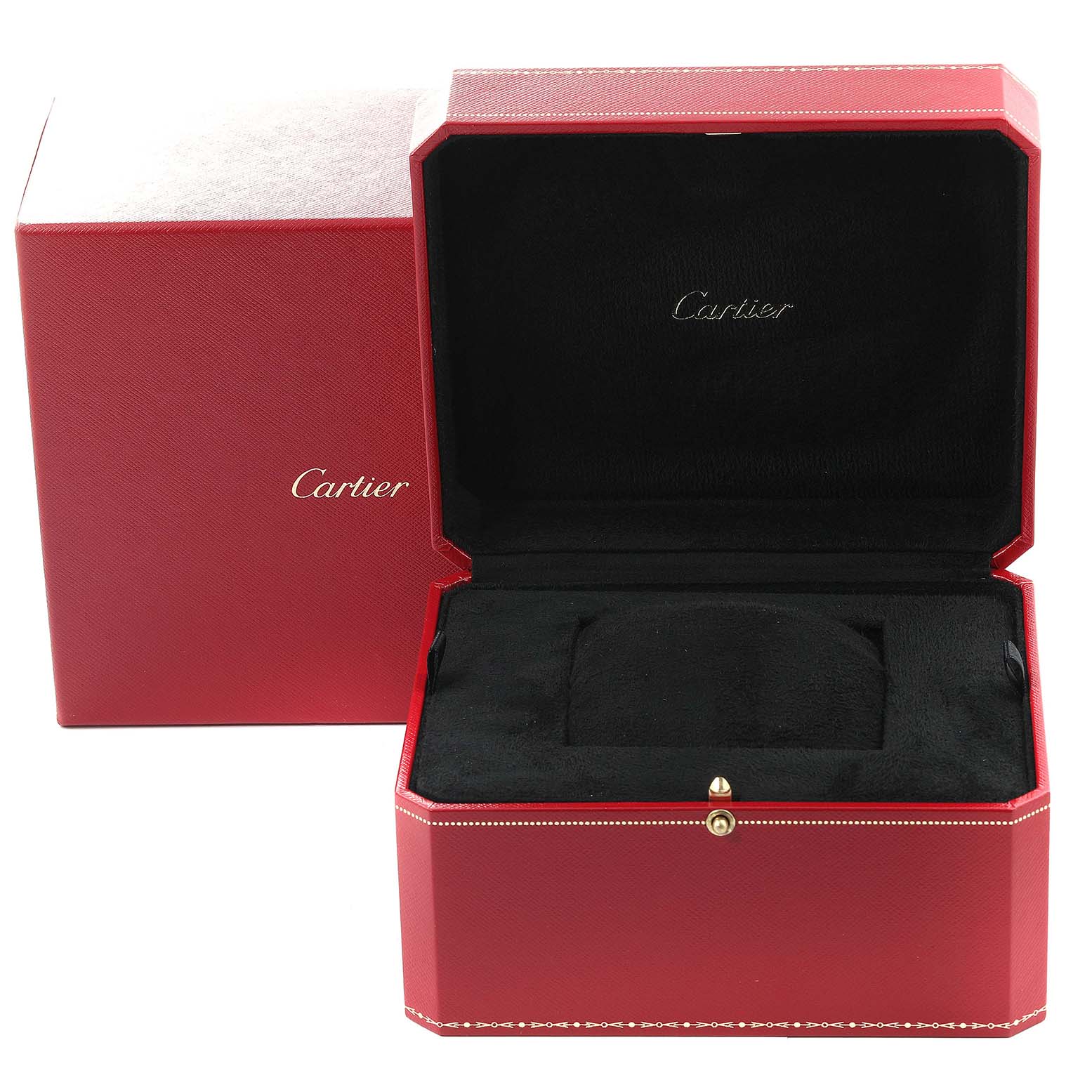 The image shows a red Cartier Tank MC WSTA0010 Men's Stainless Steel Blue Dial WSTA0010 Men's Stainless Steel Blue Dial watch box at an angled open view with black interior.