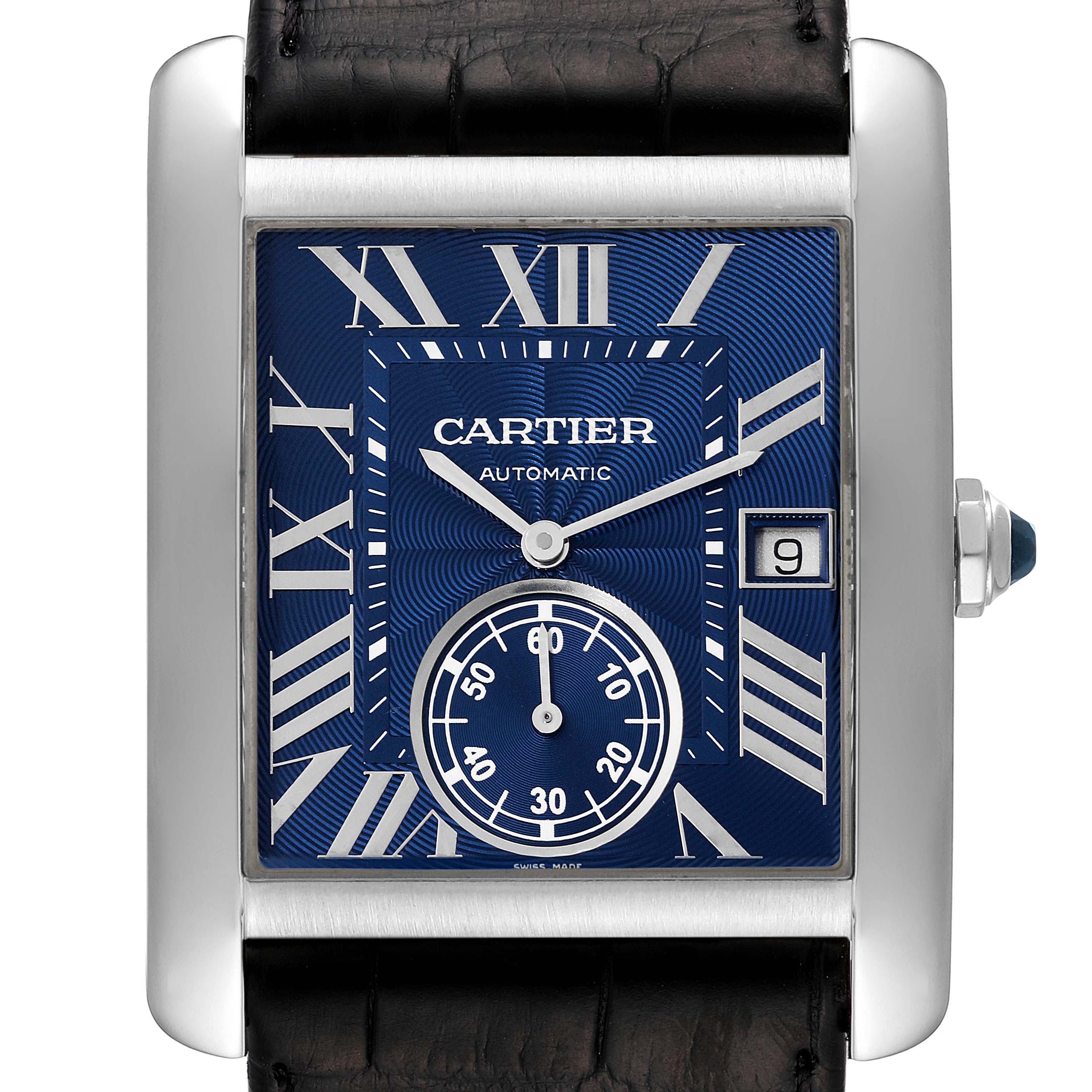 The Cartier Tank MC WSTA0010 Men's Stainless Steel Blue Dial WSTA0010 Men's Stainless Steel Blue Dial watch is shown from a front angle, displaying its face, the date window, and the crown.