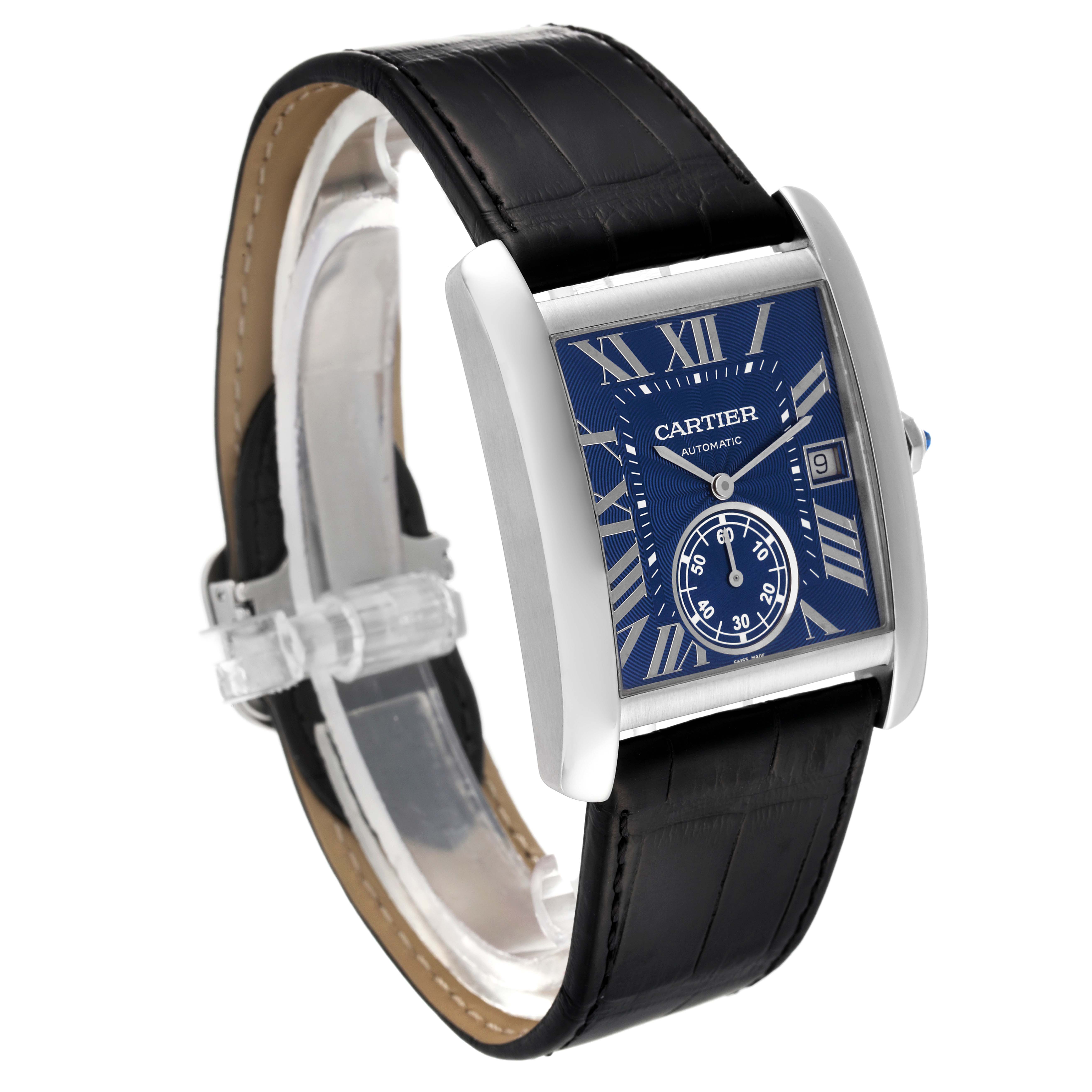 The image shows a Cartier Tank MC WSTA0010 Men's Stainless Steel Blue Dial WSTA0010 Men's Stainless Steel Blue Dial model watch angled slightly from the side, displaying its black strap, blue dial, and silver case.