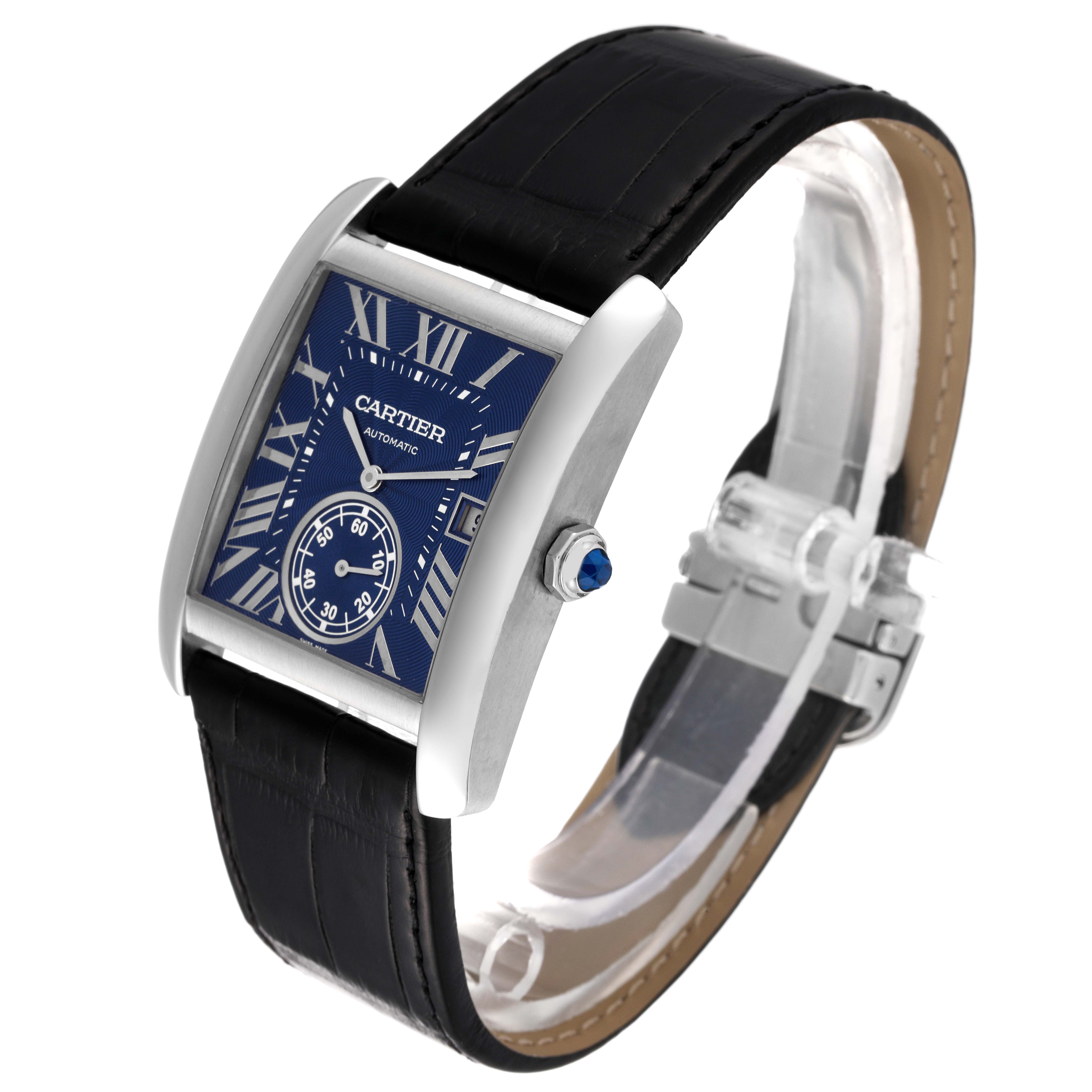 The image shows a Cartier Tank MC WSTA0010 Men's Stainless Steel Blue Dial WSTA0010 Men's Stainless Steel Blue Dial watch at an angled front view, highlighting the black leather strap, blue dial, and case.