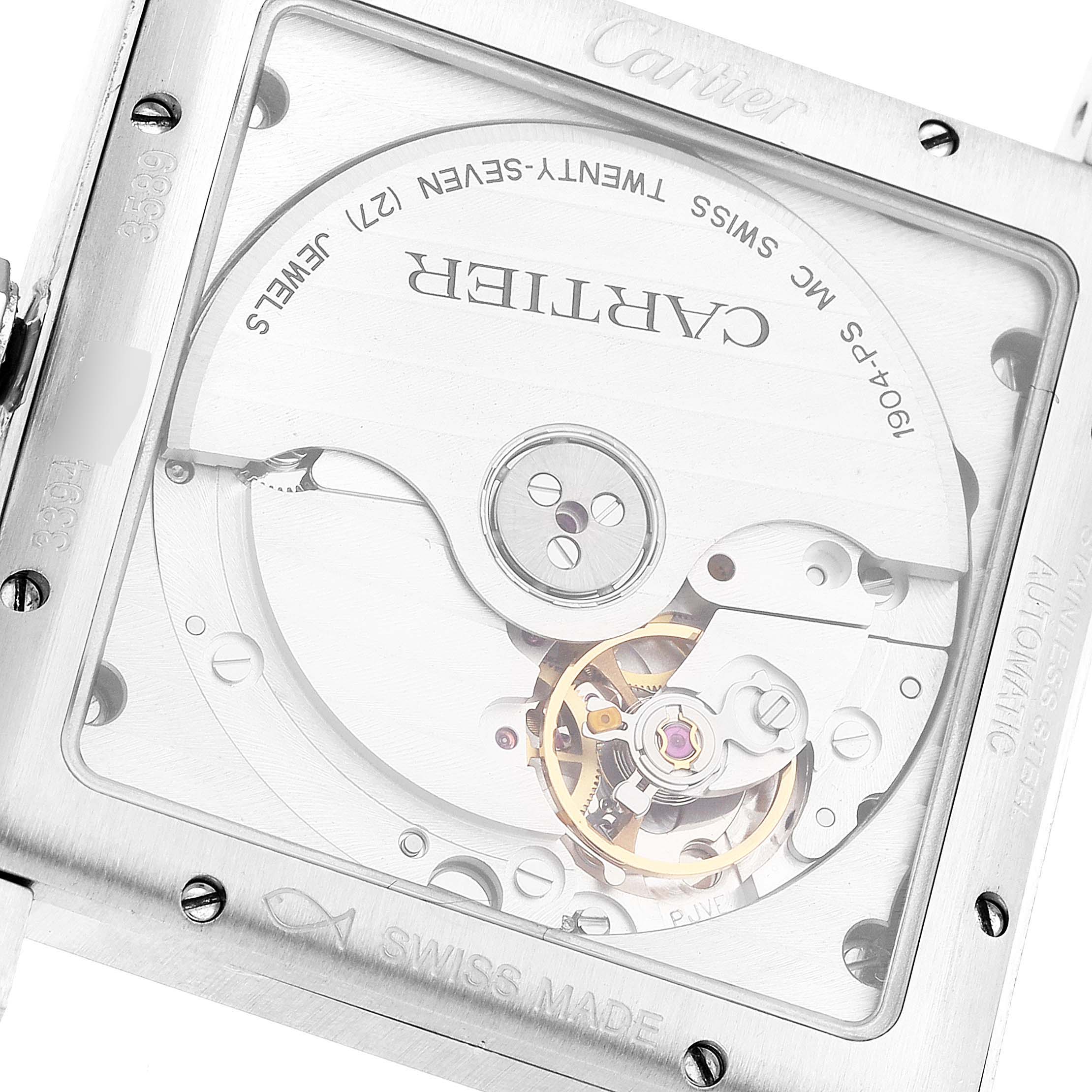 This image shows the back view of the Cartier Tank MC WSTA0010 Men's Stainless Steel Blue Dial WSTA0010 Men's Stainless Steel Blue Dial watch, highlighting its exposed movement mechanism.