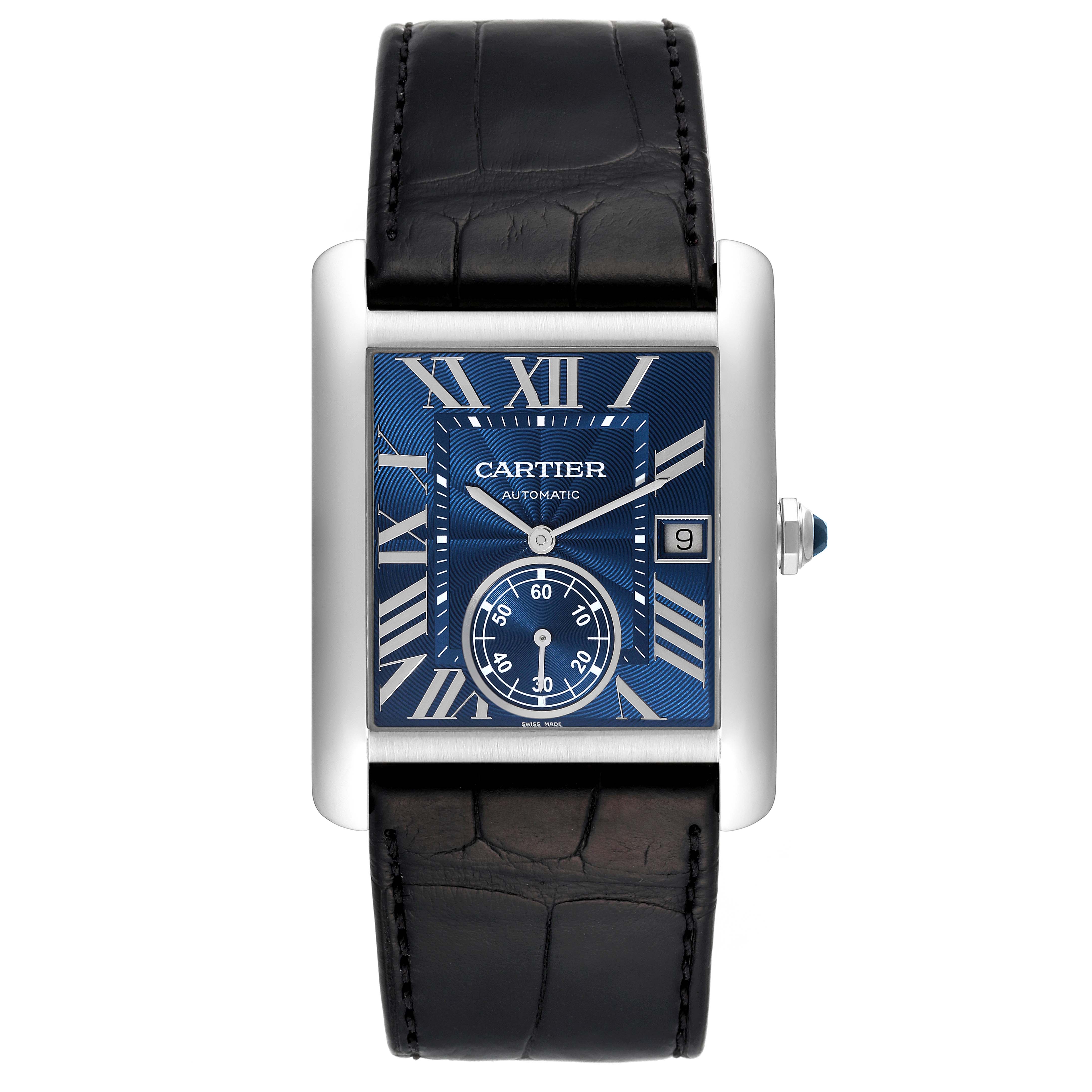 The image shows a front view of the Cartier Tank MC WSTA0010 Men's Stainless Steel Blue Dial WSTA0010 Men's Stainless Steel Blue Dial watch with a blue dial and black leather strap.