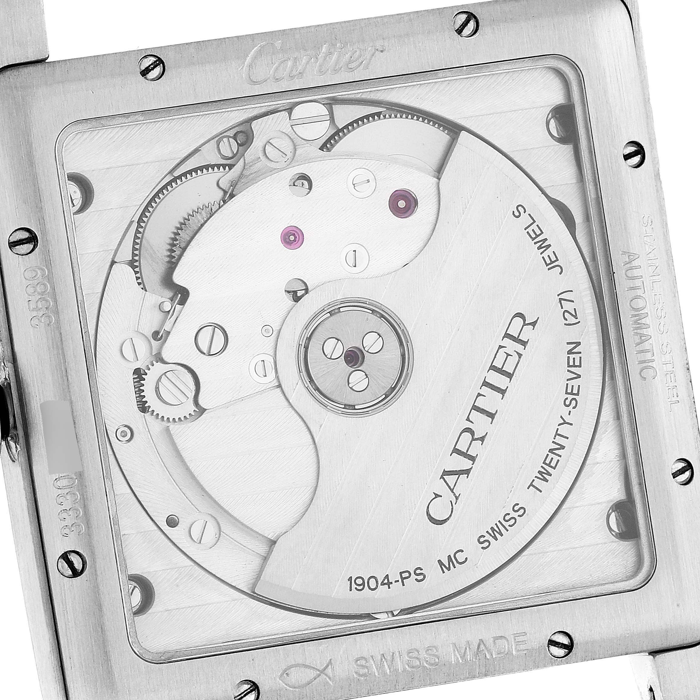 This image shows the back of the Cartier Tank MC WSTA0010 Men's Stainless Steel Blue Dial WSTA0010 Men's Stainless Steel Blue Dial watch, revealing its automatic movement and internal components.