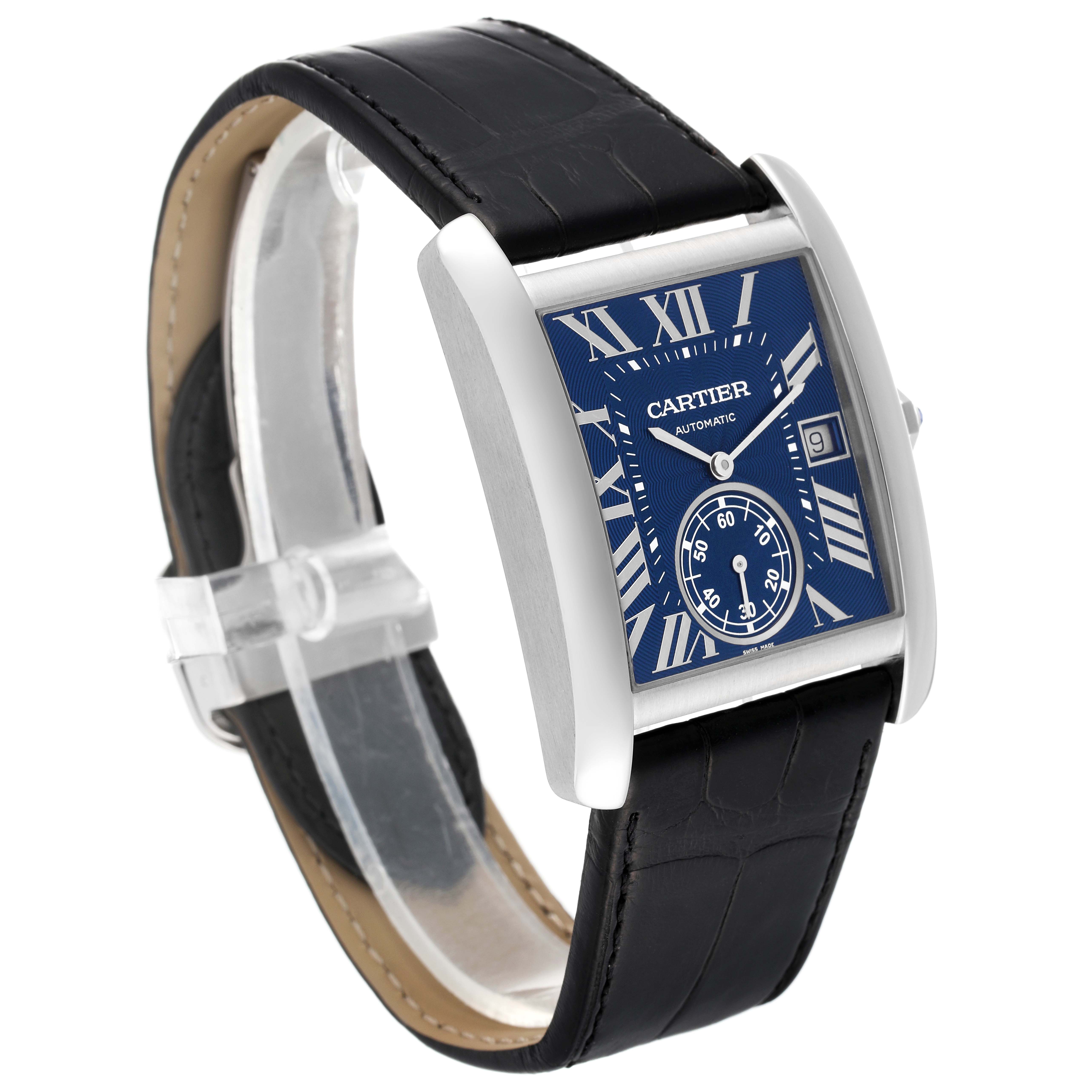 The image shows a Cartier Tank MC WSTA0010 Men's Stainless Steel Blue Dial WSTA0010 Men's Stainless Steel Blue Dial watch from a three-quarter angle, highlighting its face, case, and leather strap.