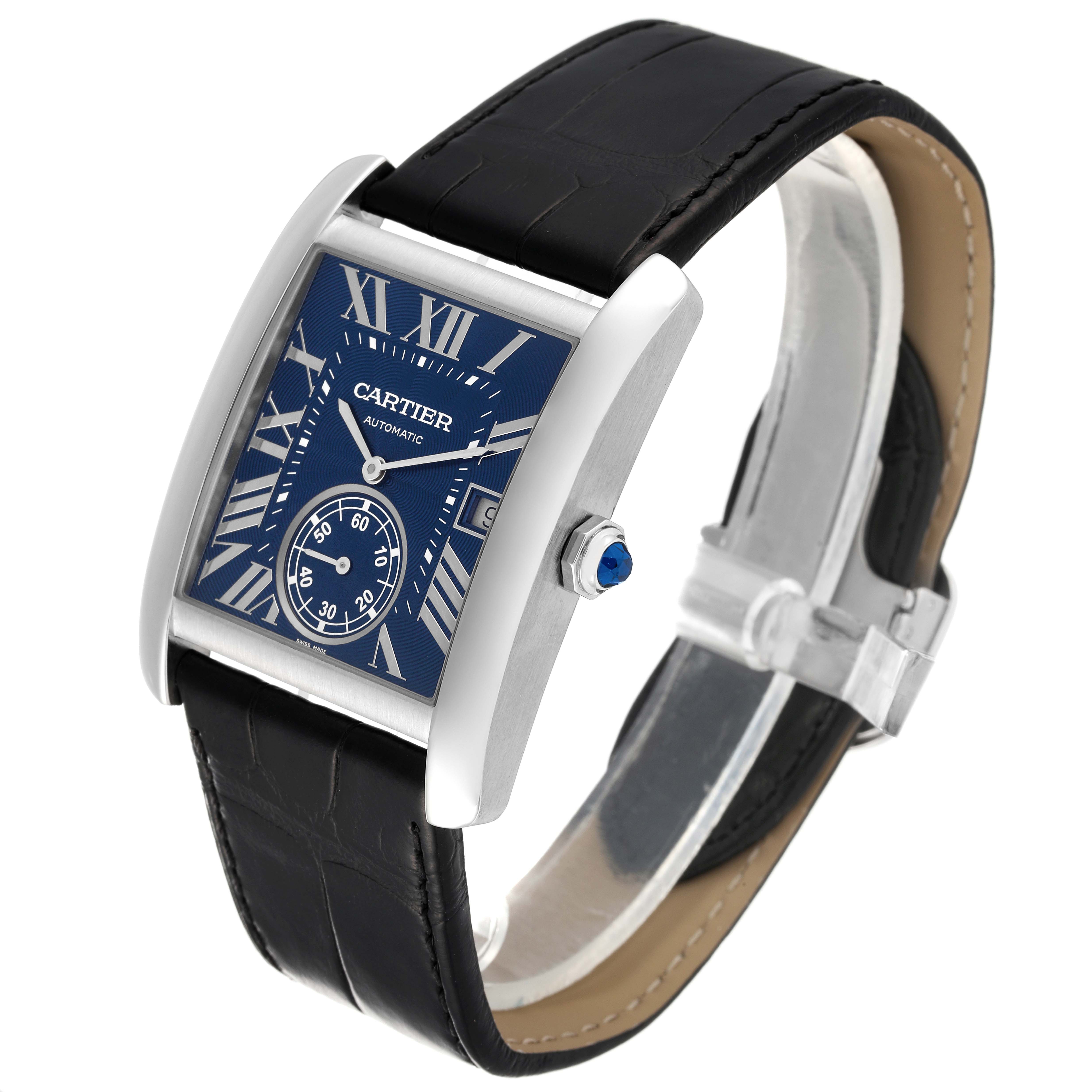 The image shows a Cartier Tank MC WSTA0010 Men's Stainless Steel Blue Dial WSTA0010 Men's Stainless Steel Blue Dial watch at a slight angle, displaying the dial, case, and black leather strap.