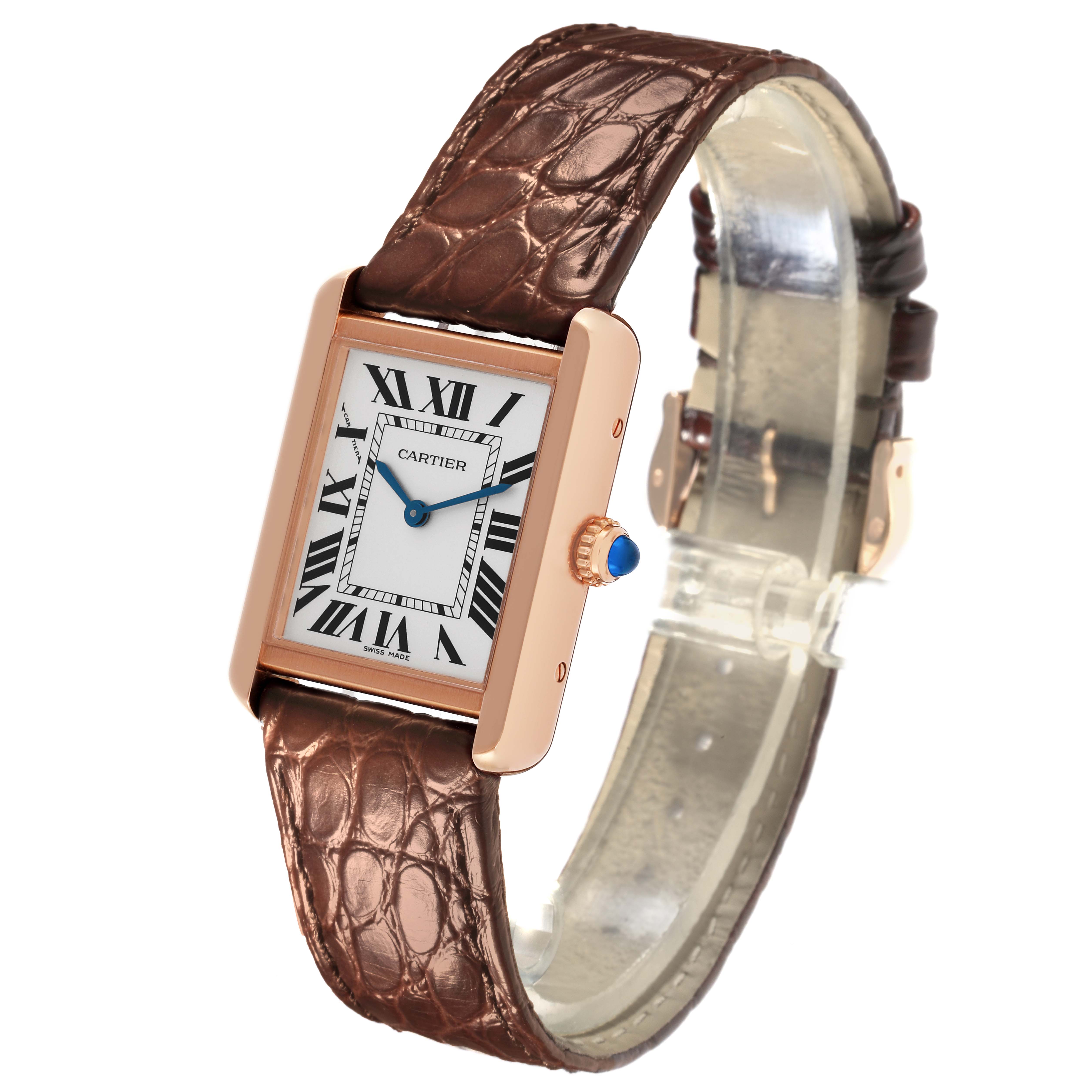 The Cartier Tank Solo W5200024 Women's Steel and Gold (two tone) Silver Dial W5200024 Women's Steel and Gold (two tone) Silver Dial watch is shown at a three-quarter angle, highlighting its face, crown, and leather strap.