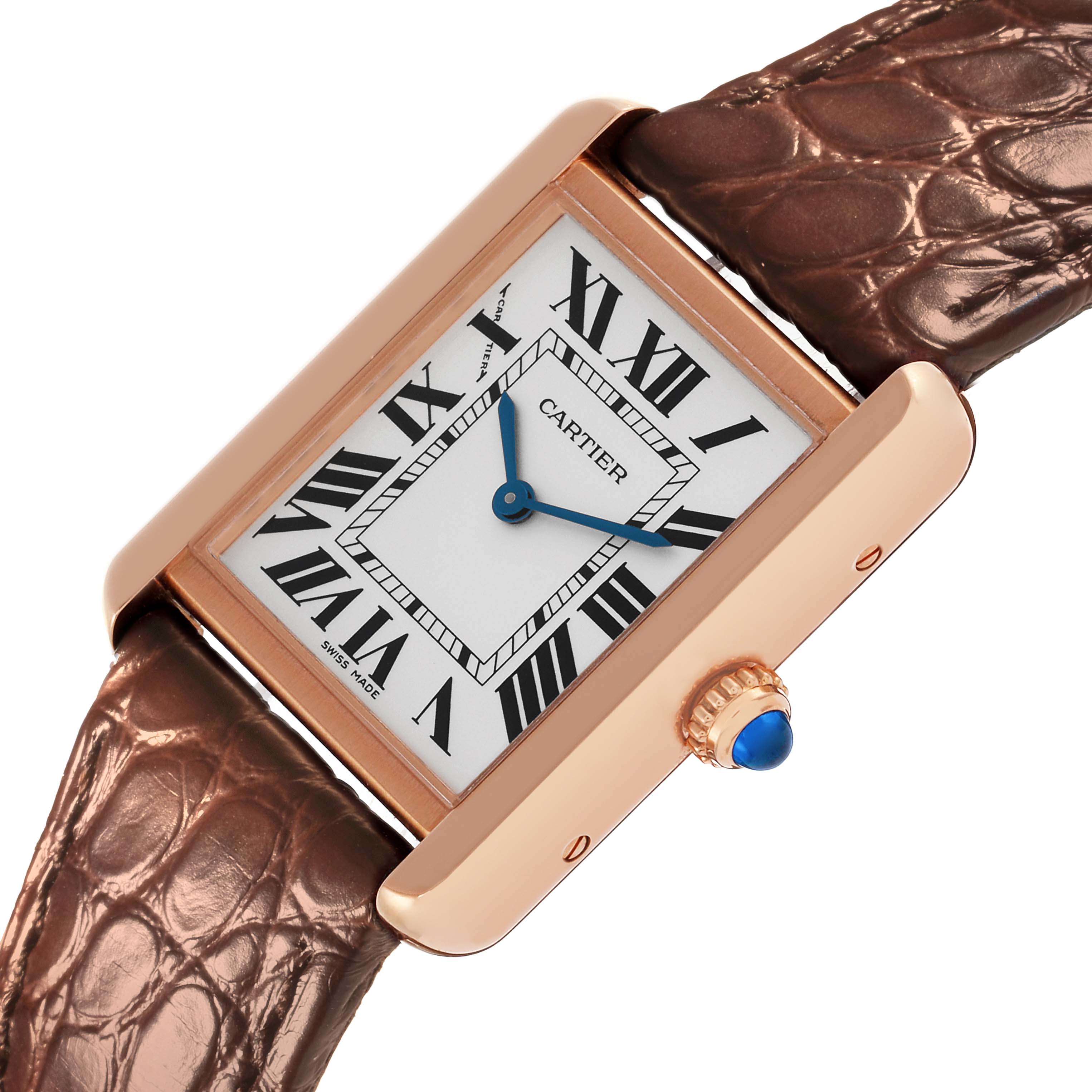 The Cartier Tank Solo W5200024 Women's Steel and Gold (two tone) Silver Dial W5200024 Women's Steel and Gold (two tone) Silver Dial watch is shown at an angle highlighting its face, crown, and brown leather strap.