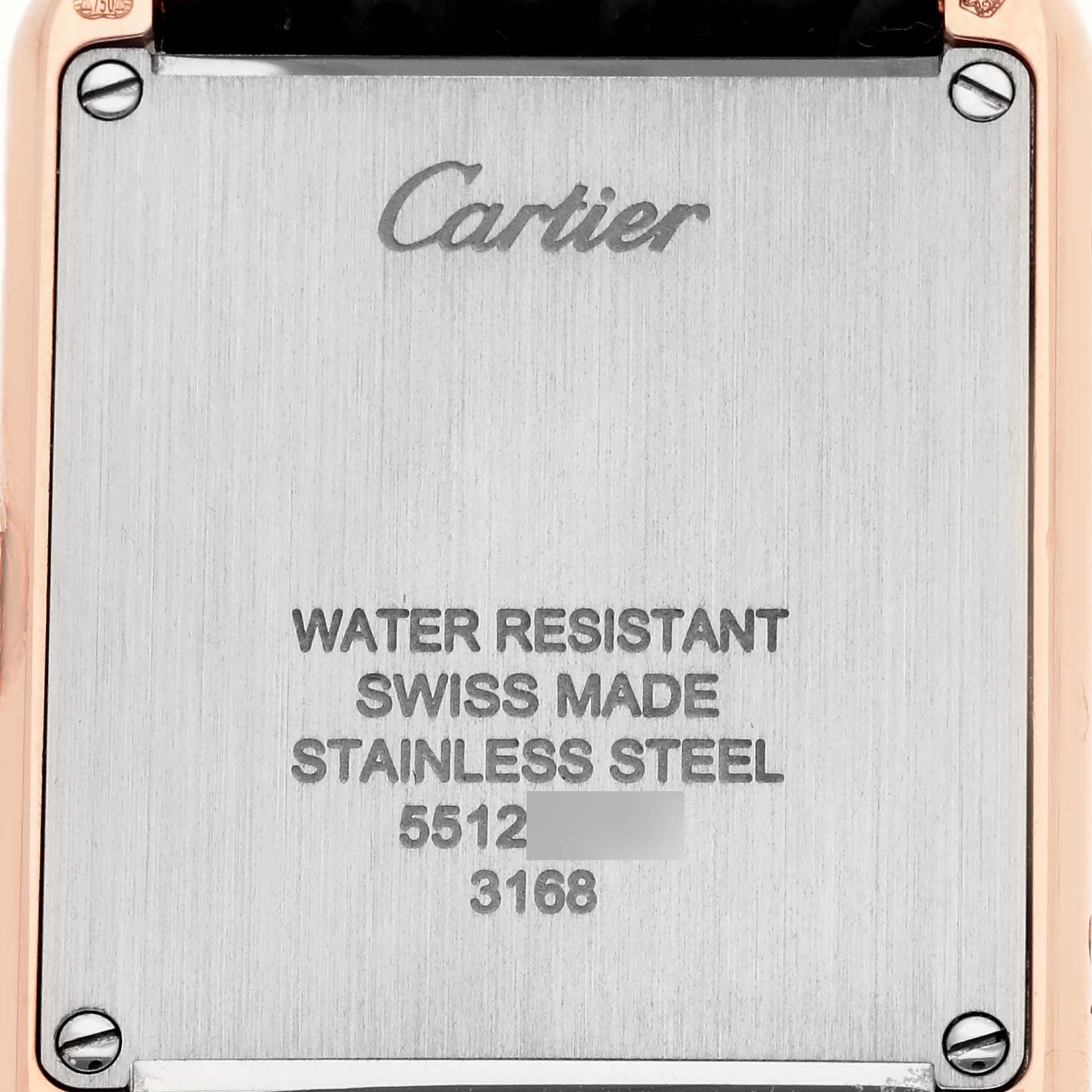 The image shows the back case of a Cartier Tank Solo W5200024 Women's Steel and Gold (two tone) Silver Dial W5200024 Women's Steel and Gold (two tone) Silver Dial watch, highlighting its water resistance and Swiss-made details.