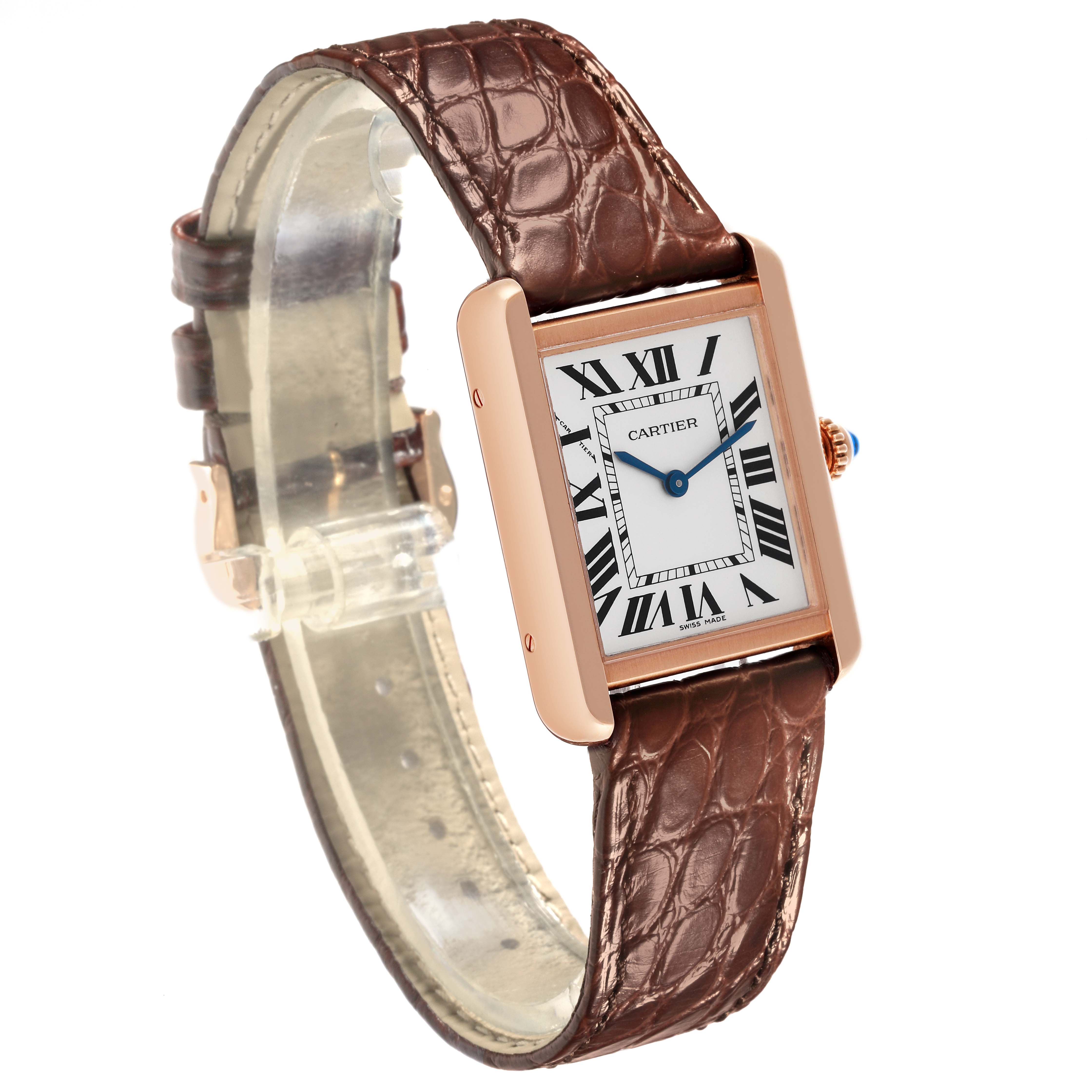 The Cartier Tank Solo W5200024 Women's Steel and Gold (two tone) Silver Dial W5200024 Women's Steel and Gold (two tone) Silver Dial watch is shown at an angled side view, displaying the face, case, crown, and brown leather strap.
