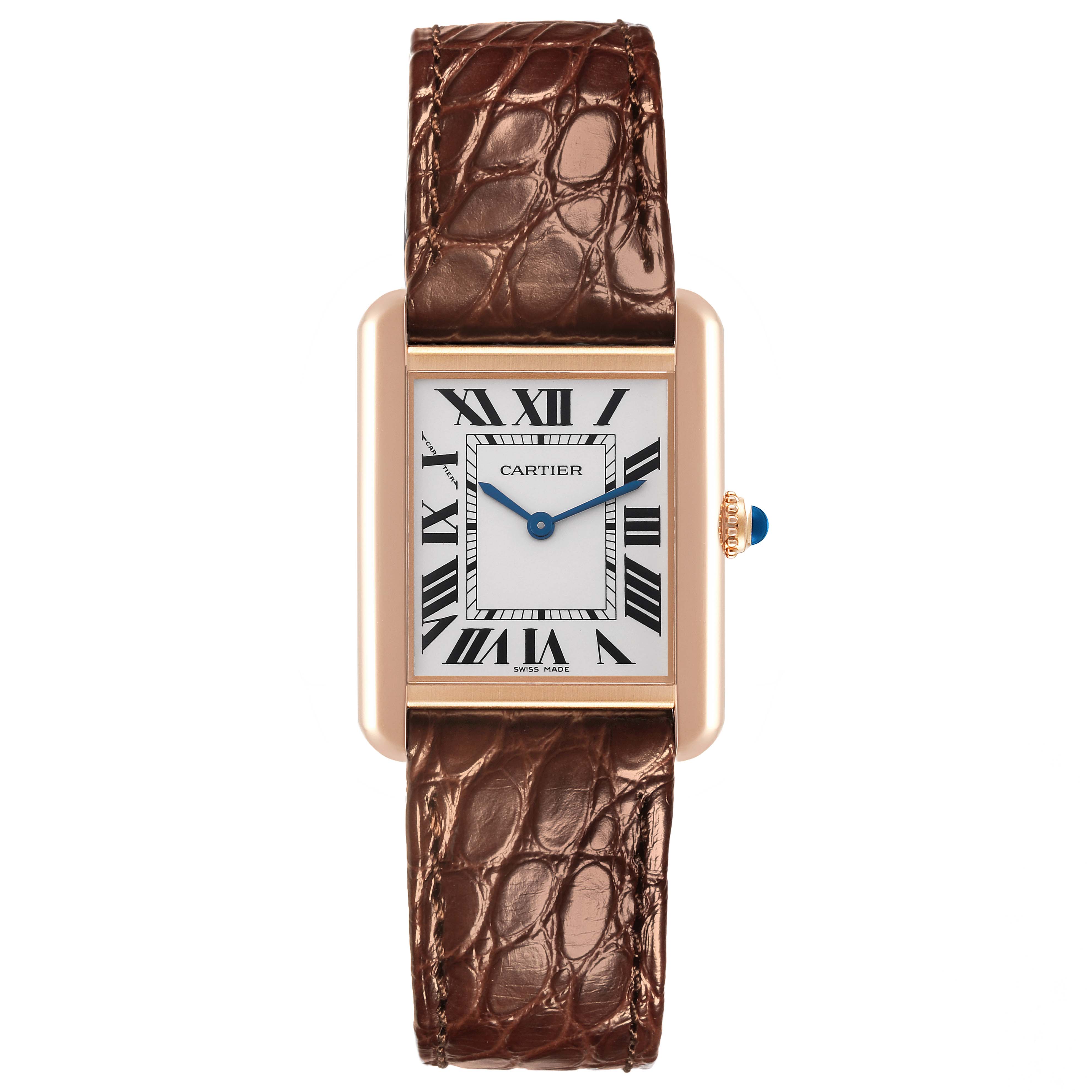 The Cartier Tank Solo W5200024 Women's Steel and Gold (two tone) Silver Dial W5200024 Women's Steel and Gold (two tone) Silver Dial watch is shown from a front angle, displaying its face, Roman numerals, and leather strap.