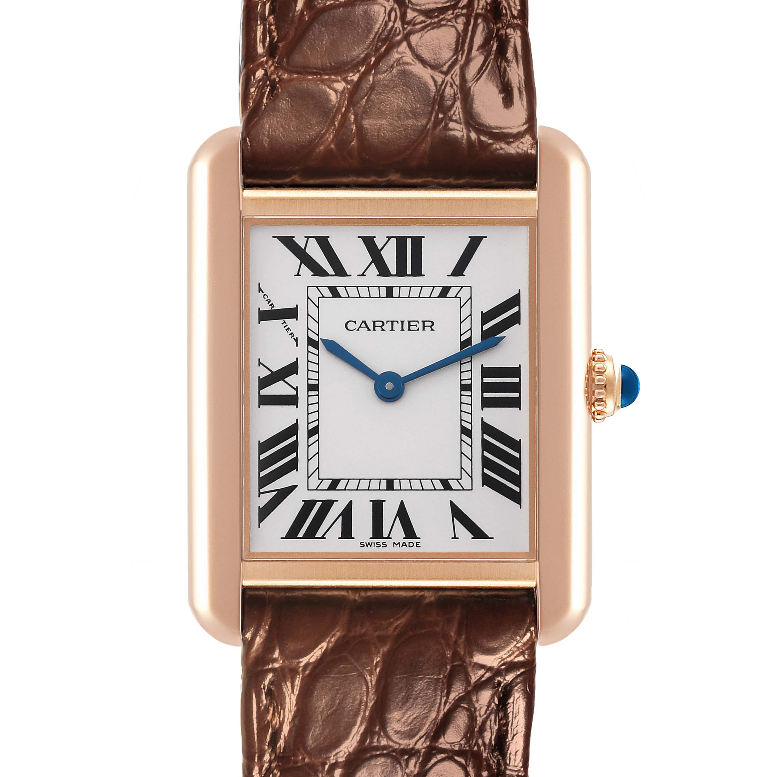 The Cartier Tank Solo W5200024 Women's Steel and Gold (two tone) Silver Dial W5200024 Women's Steel and Gold (two tone) Silver Dial watch is shown from the front, displaying its face, Roman numerals, and leather strap.