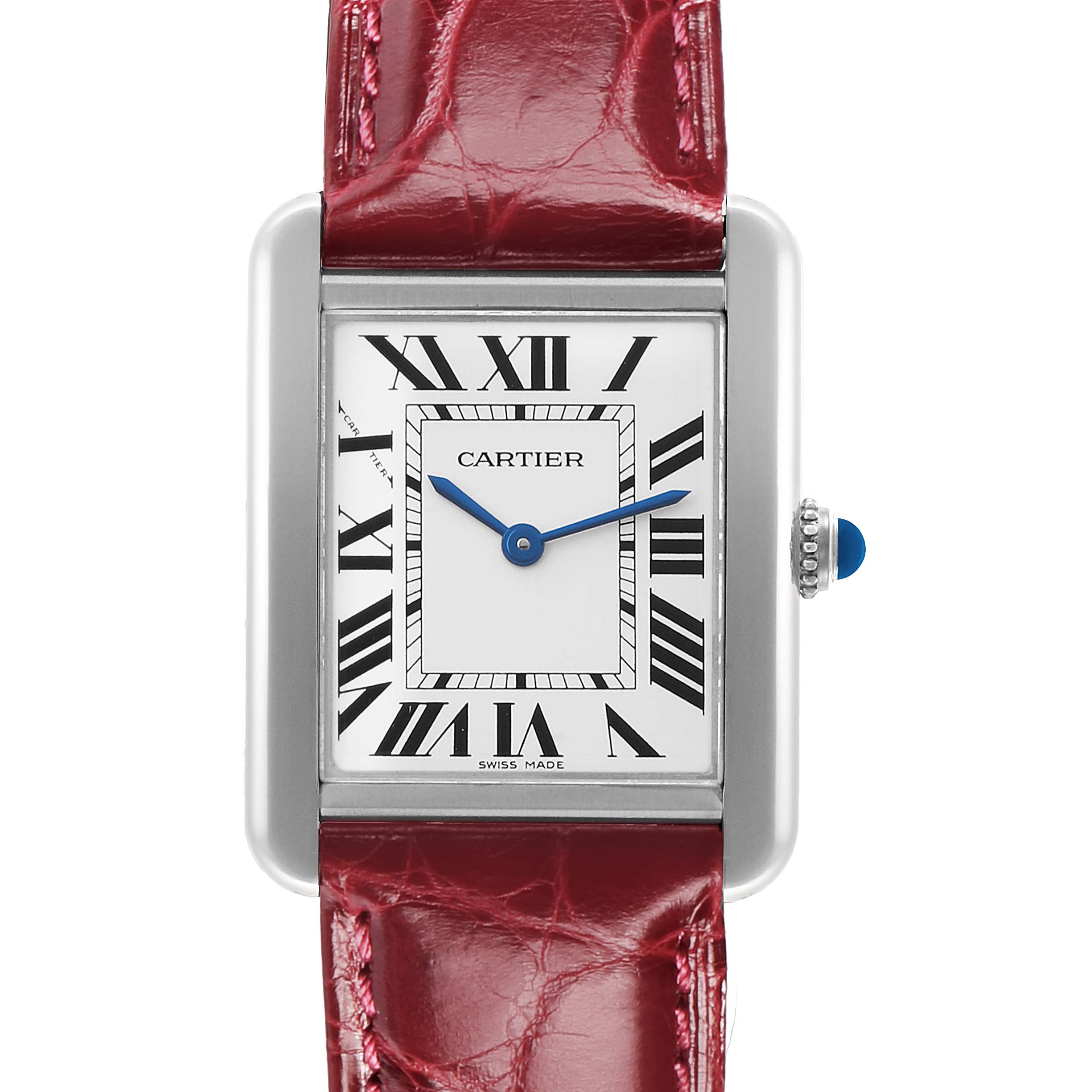 The Cartier Tank Solo W5200005 Women's Stainless Steel Silver Dial watch is shown from the front, highlighting the face, case, crown, and part of the red leather strap.