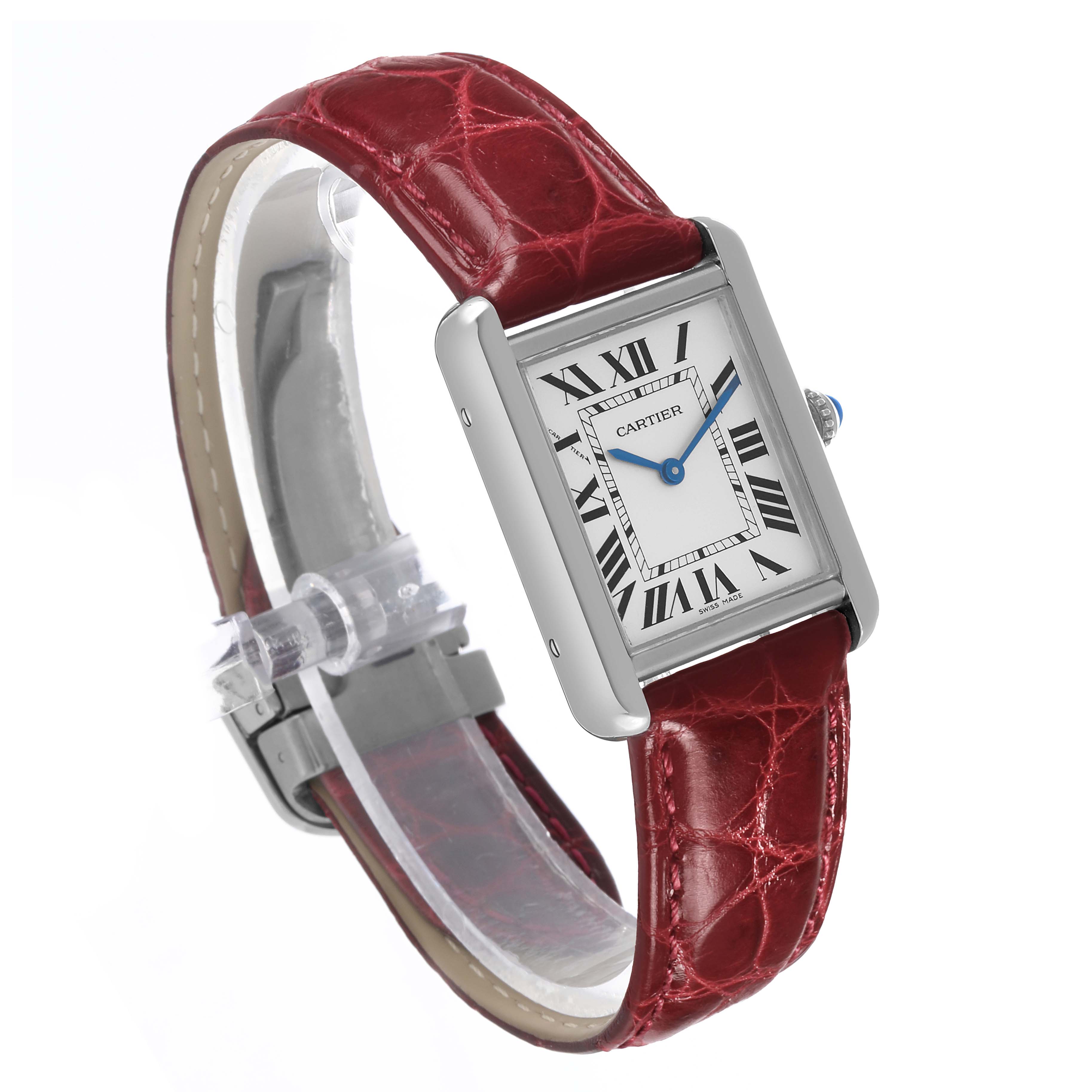 The Cartier Tank Solo W5200005 Women's Stainless Steel Silver Dial watch is shown at a three-quarter angle, highlighting the case, dial, strap, and crown.