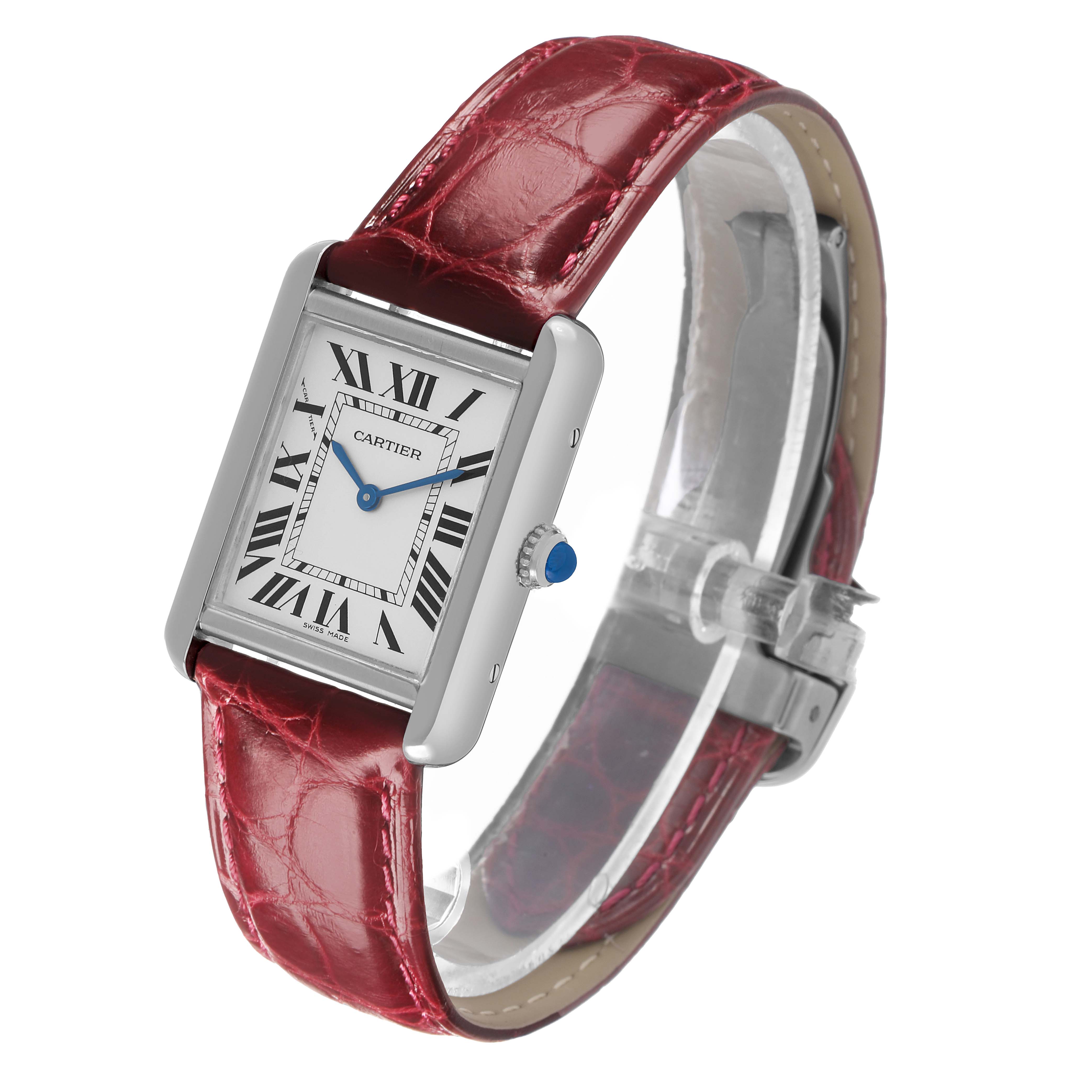 The Cartier Tank Solo W5200005 Women's Stainless Steel Silver Dial watch is shown from an angled side view, highlighting the dial, crown, and red leather strap.