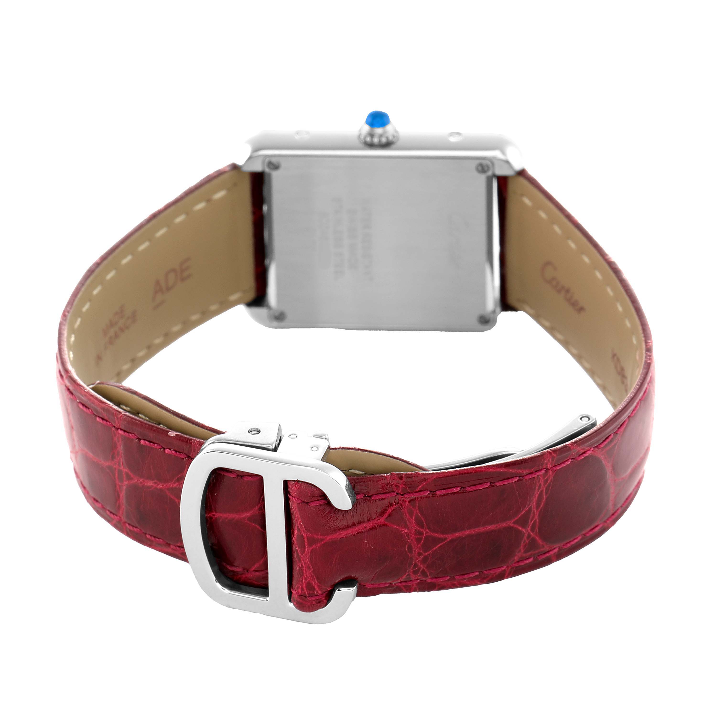 The Cartier Tank Solo W5200005 Women's Stainless Steel Silver Dial watch is shown from the back, highlighting the clasp and red leather strap.