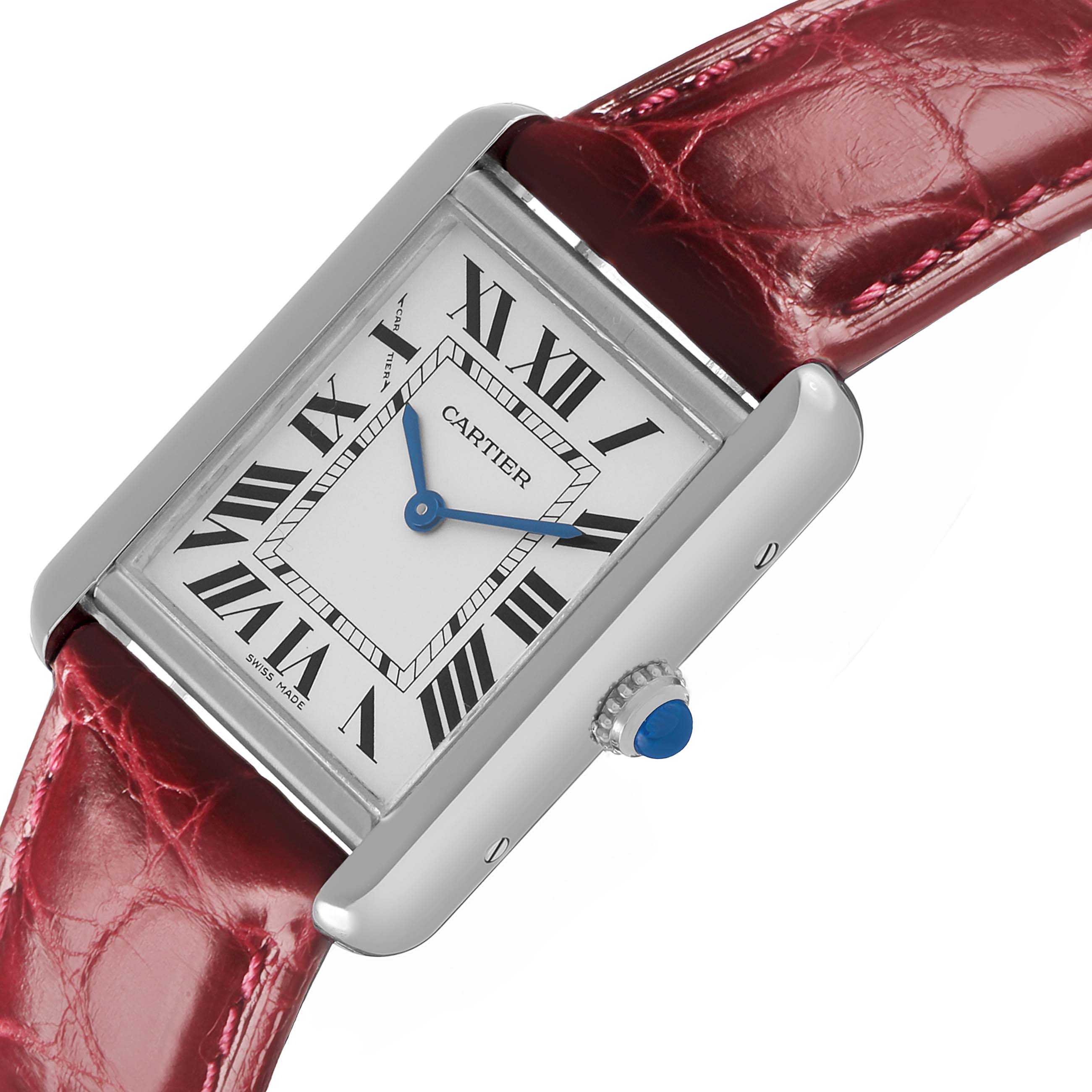 The Cartier Tank Solo W5200005 Women's Stainless Steel Silver Dial watch is shown at an angle highlighting its face, Roman numerals, blue hands, crown, and red strap.