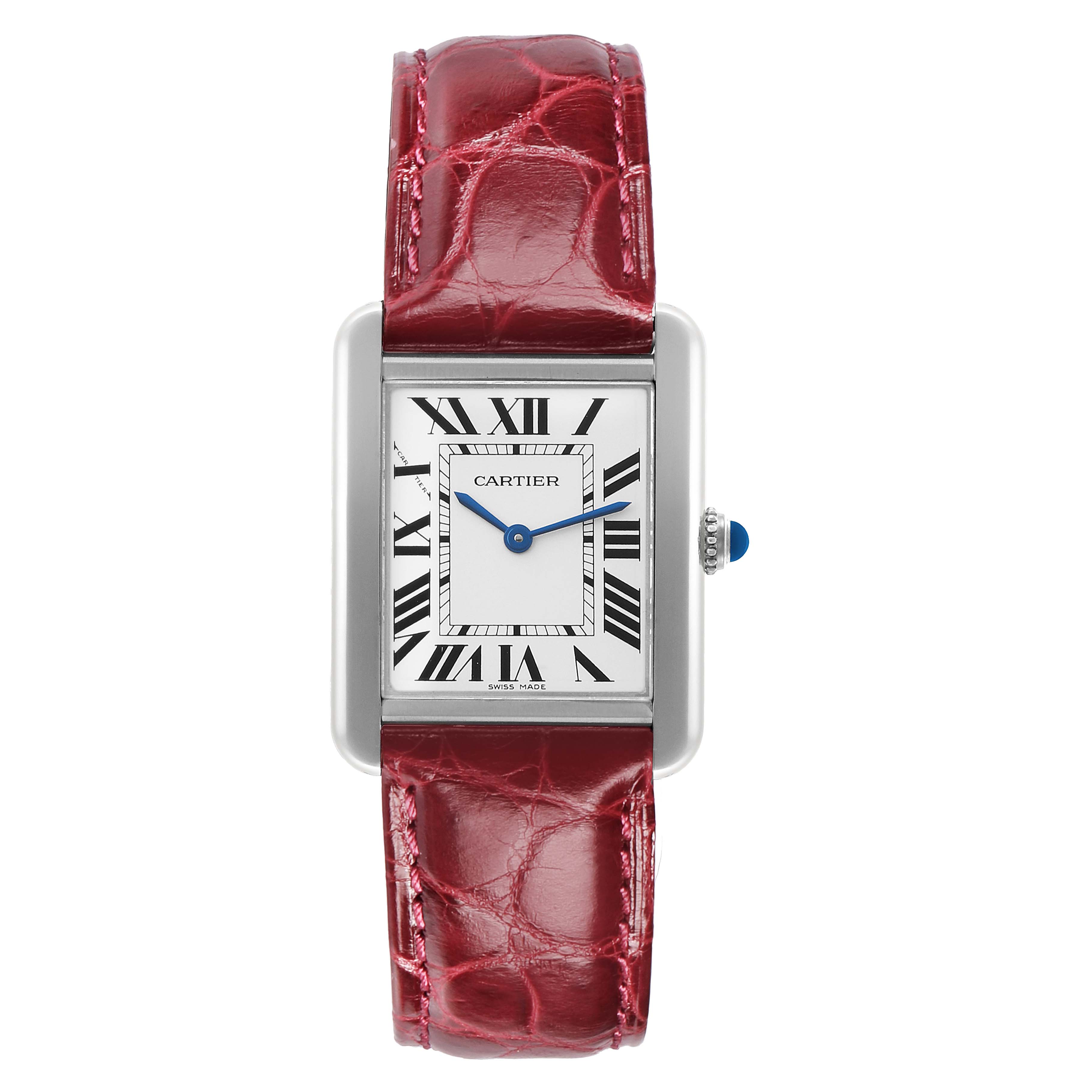 The image shows a Cartier Tank Solo W5200005 Women's Stainless Steel Silver Dial watch from a front angle, displaying its red strap, rectangular case, and Roman numeral dial.