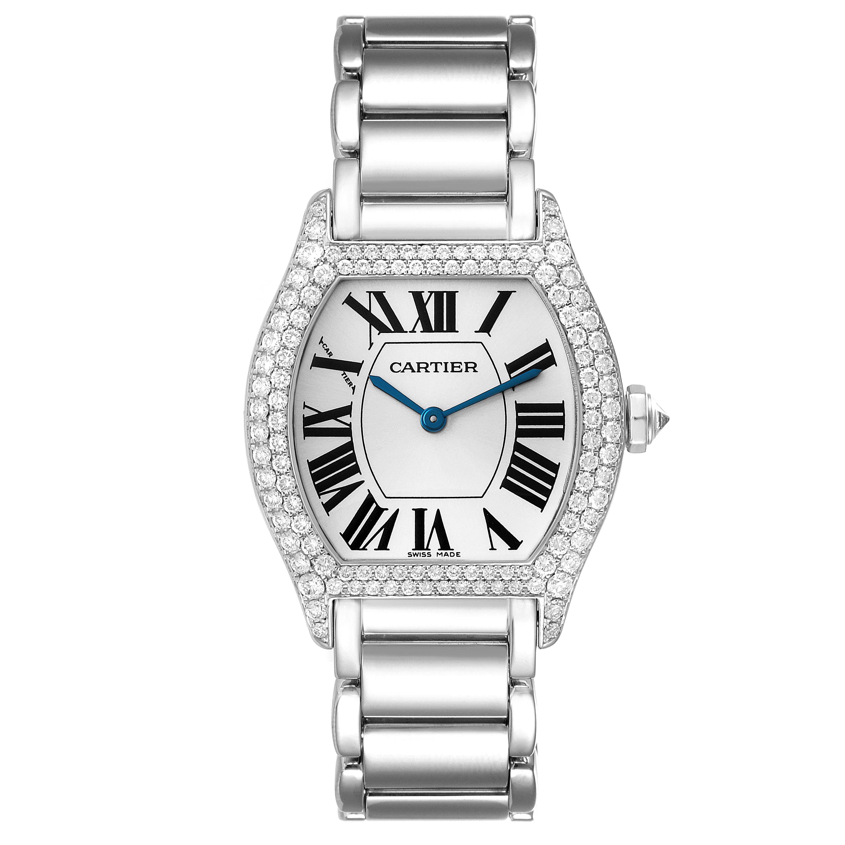 The image shows a front view of the Cartier Tortue WA5072W9 Women's White Gold Silver Dial WA5072W9 Women's White Gold Silver Dial watch, highlighting its face, bezel, and part of the bracelet.