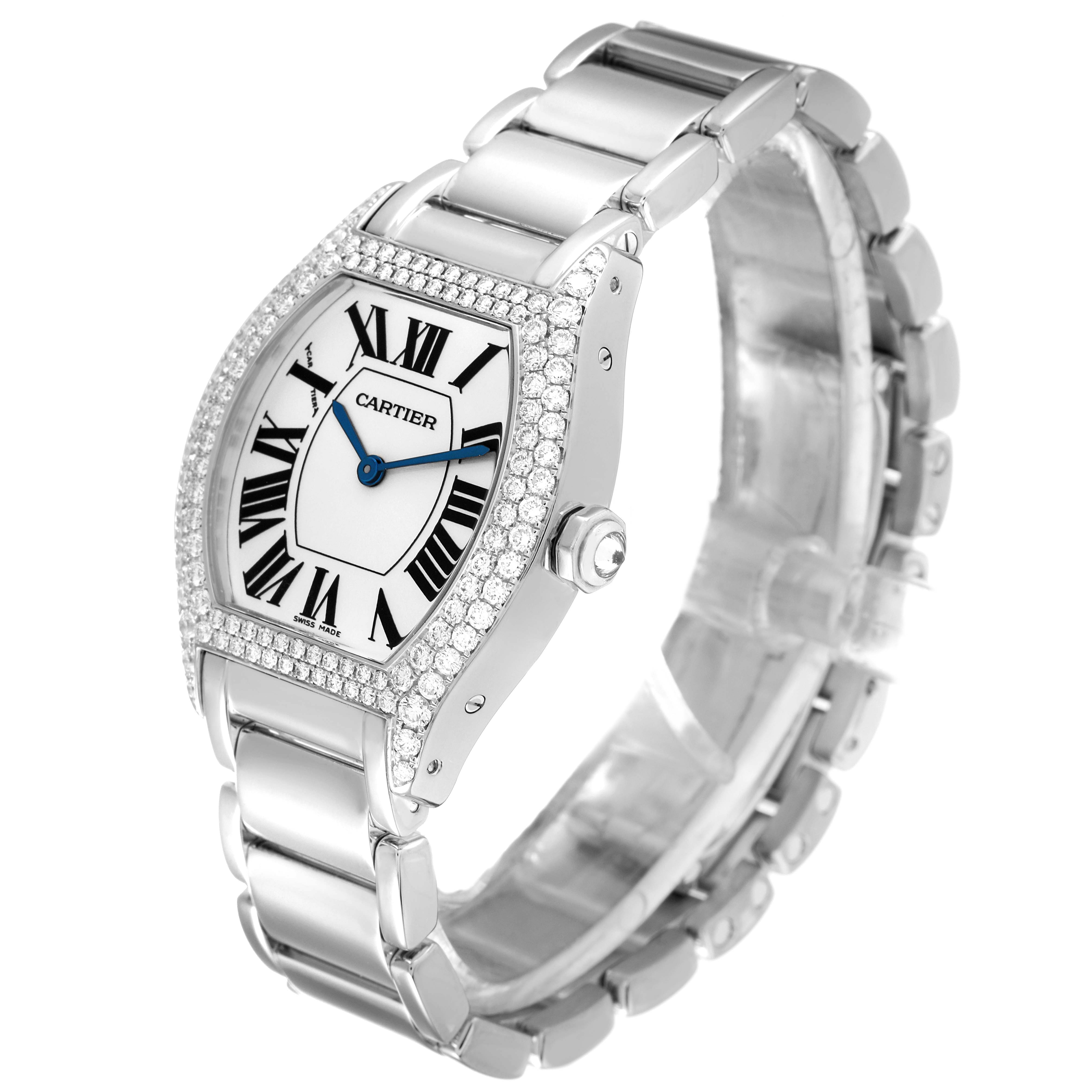 The Cartier Tortue WA5072W9 Women's White Gold Silver Dial WA5072W9 Women's White Gold Silver Dial watch is shown at a three-quarter angle, highlighting its face, bezel, and bracelet.