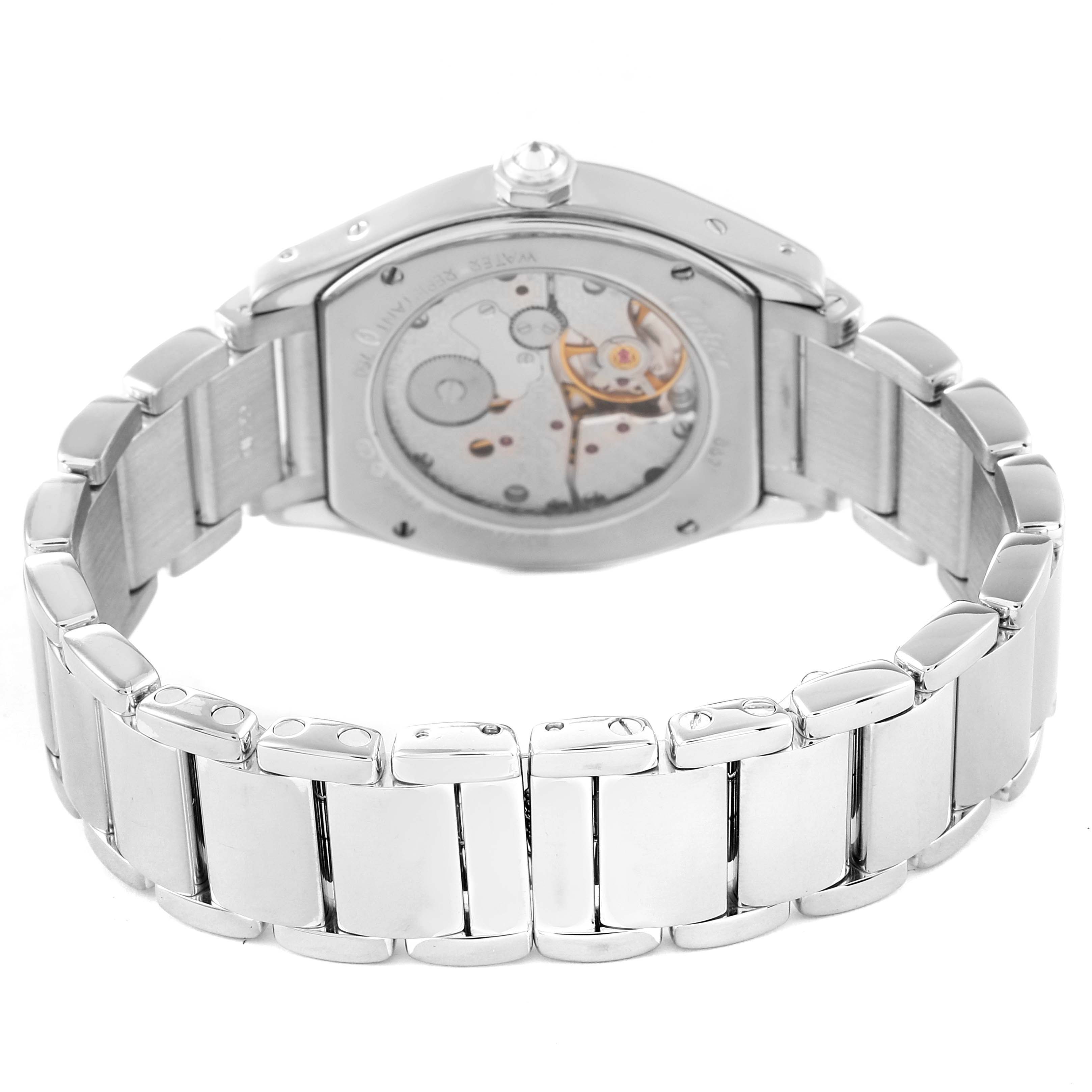 This image shows the back case and bracelet of the Cartier Tortue WA5072W9 Women's White Gold Silver Dial WA5072W9 Women's White Gold Silver Dial watch, highlighting the movement through a transparent case back.