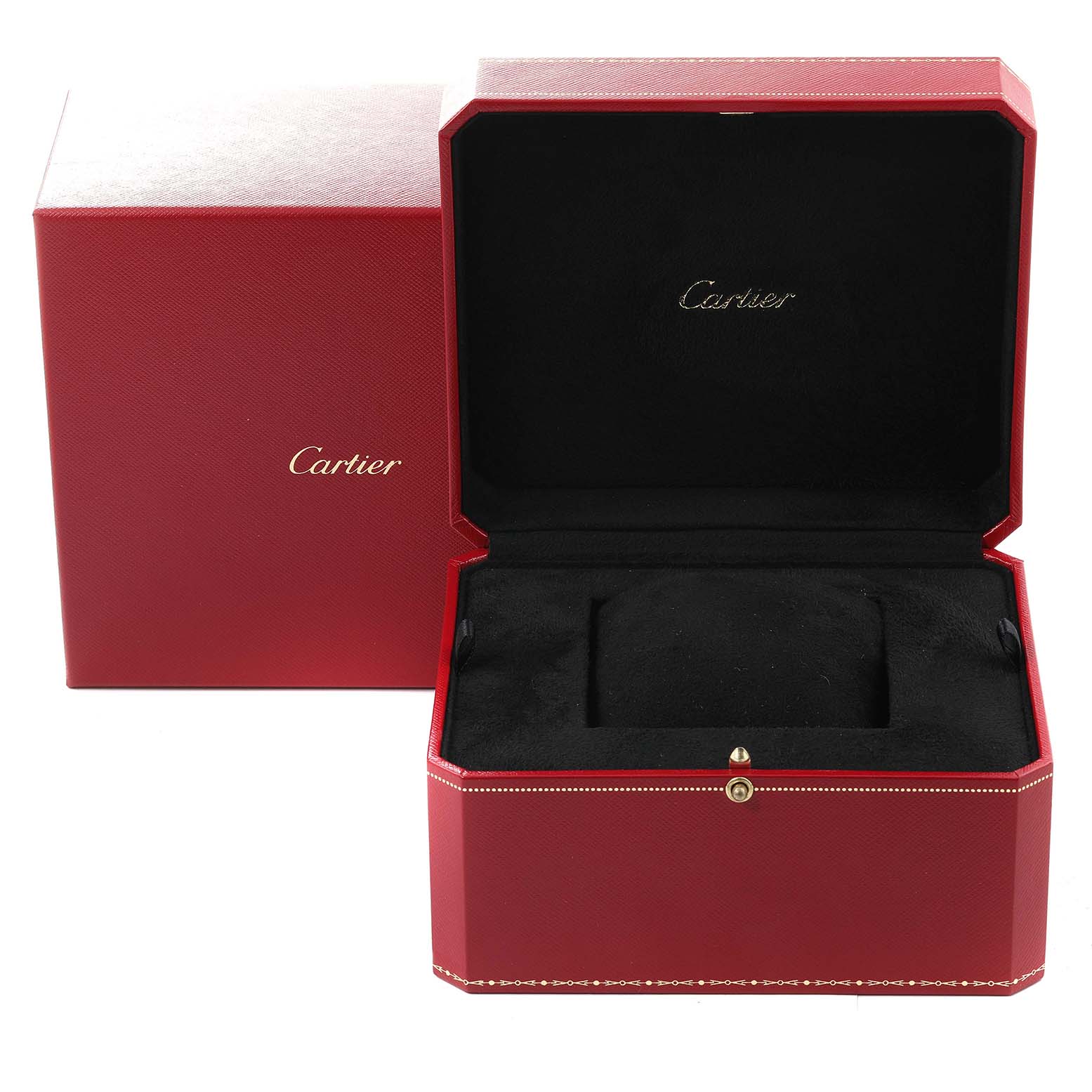 The image shows an open red Cartier watch box for the Tortue model, displaying its black interior and logo.