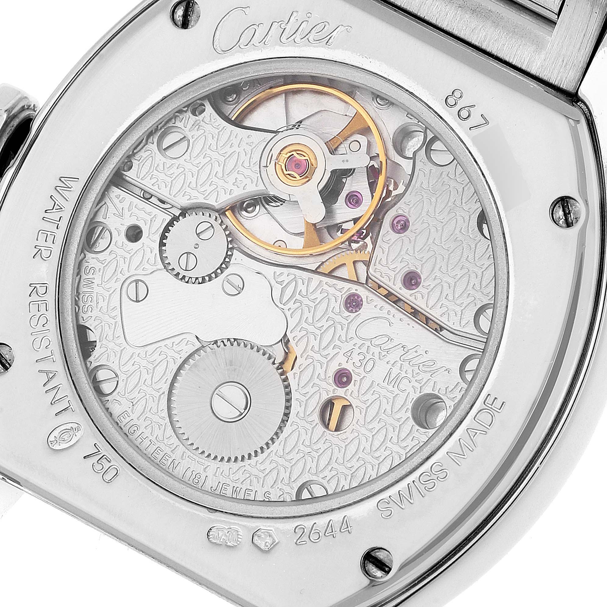 The image shows the back view of a Cartier Tortue WA5072W9 Women's White Gold Silver Dial WA5072W9 Women's White Gold Silver Dial watch, highlighting its intricate movement and inner mechanics.
