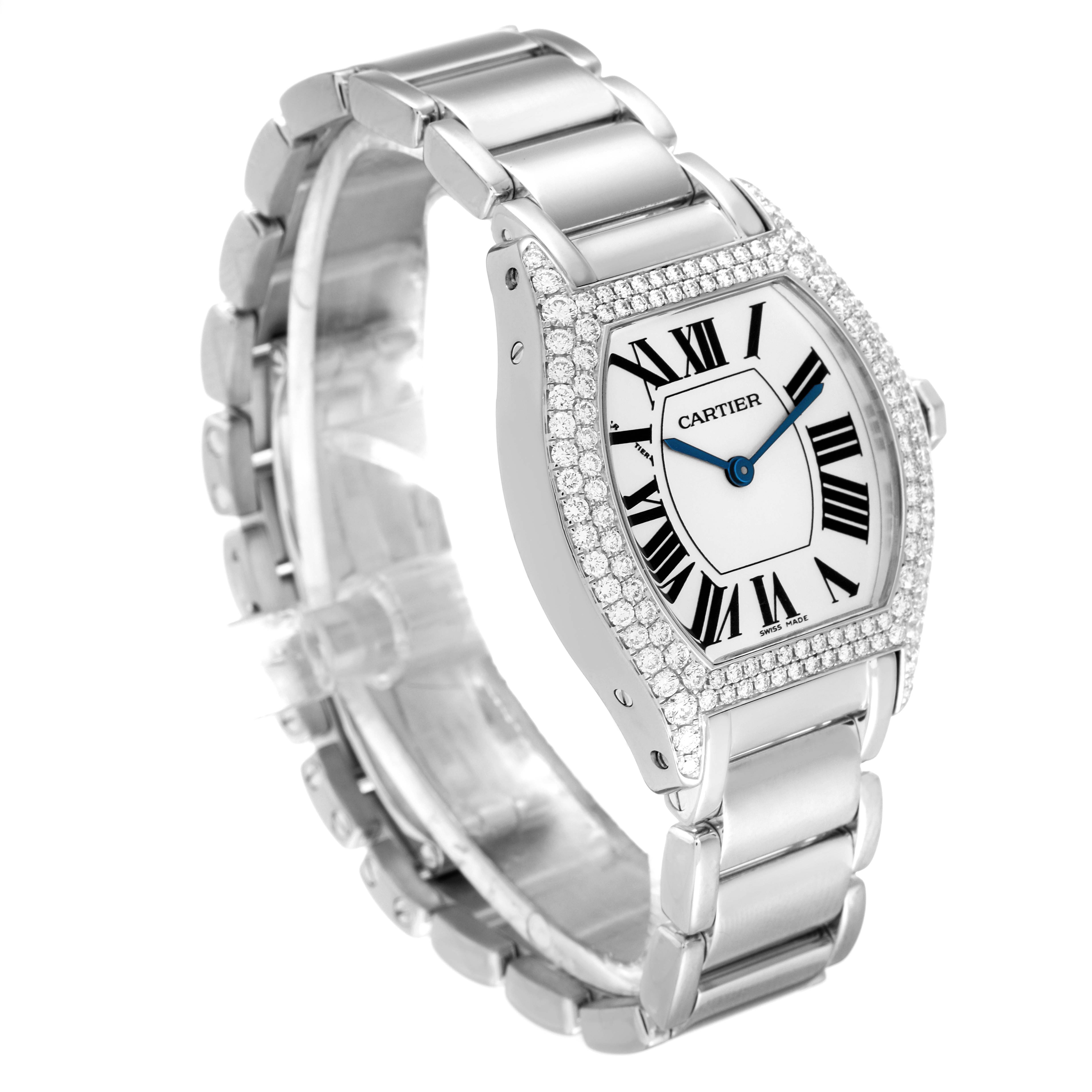 This image shows a side-angle view of a Cartier Tortue WA5072W9 Women's White Gold Silver Dial WA5072W9 Women's White Gold Silver Dial watch, displaying its face, Roman numerals, and part of the metal bracelet.
