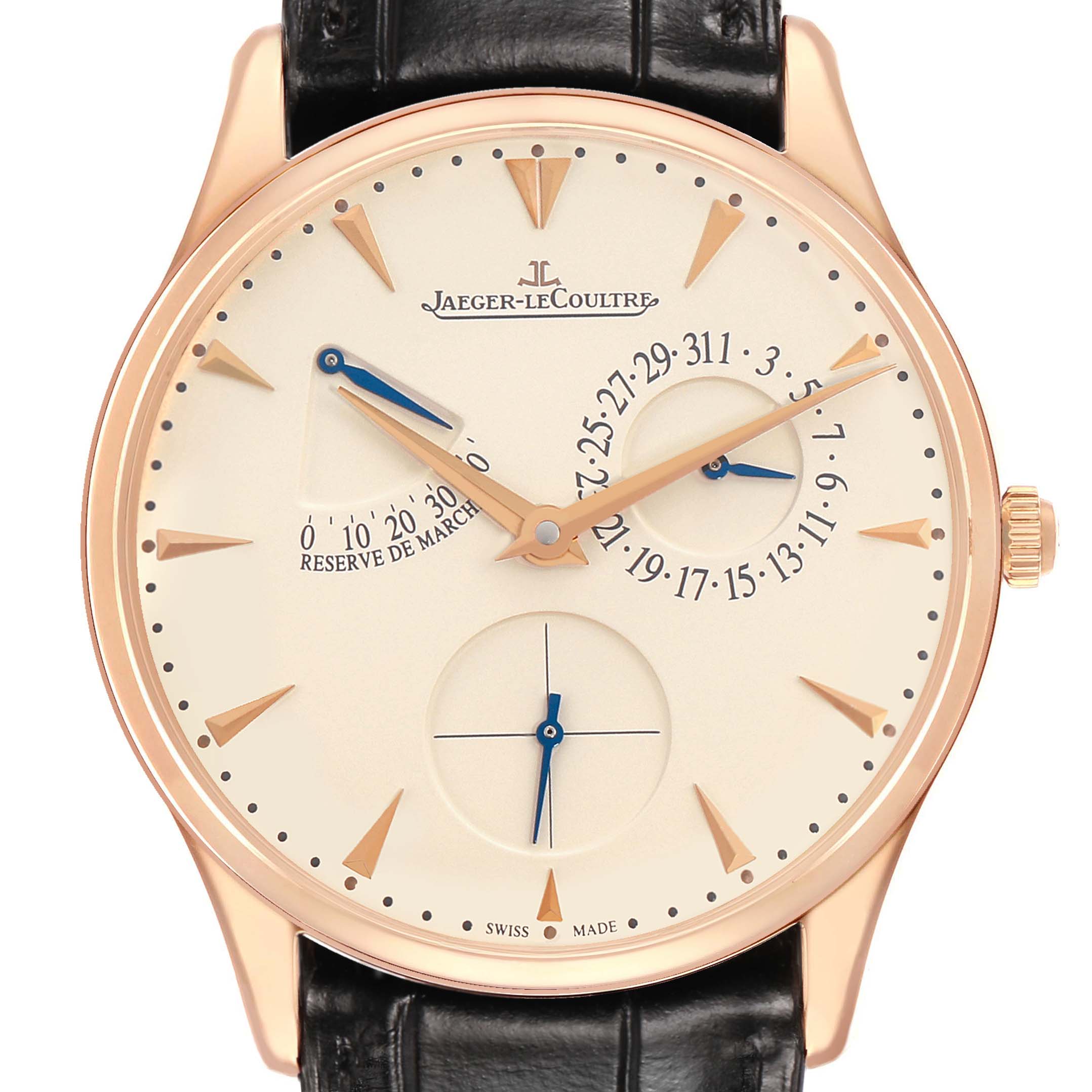 The Jaeger LeCoultre Master Q1372520 Men's Rose Gold Beige Dial watch is shown from a front angle, highlighting its face, hands, date indicators, and power reserve.