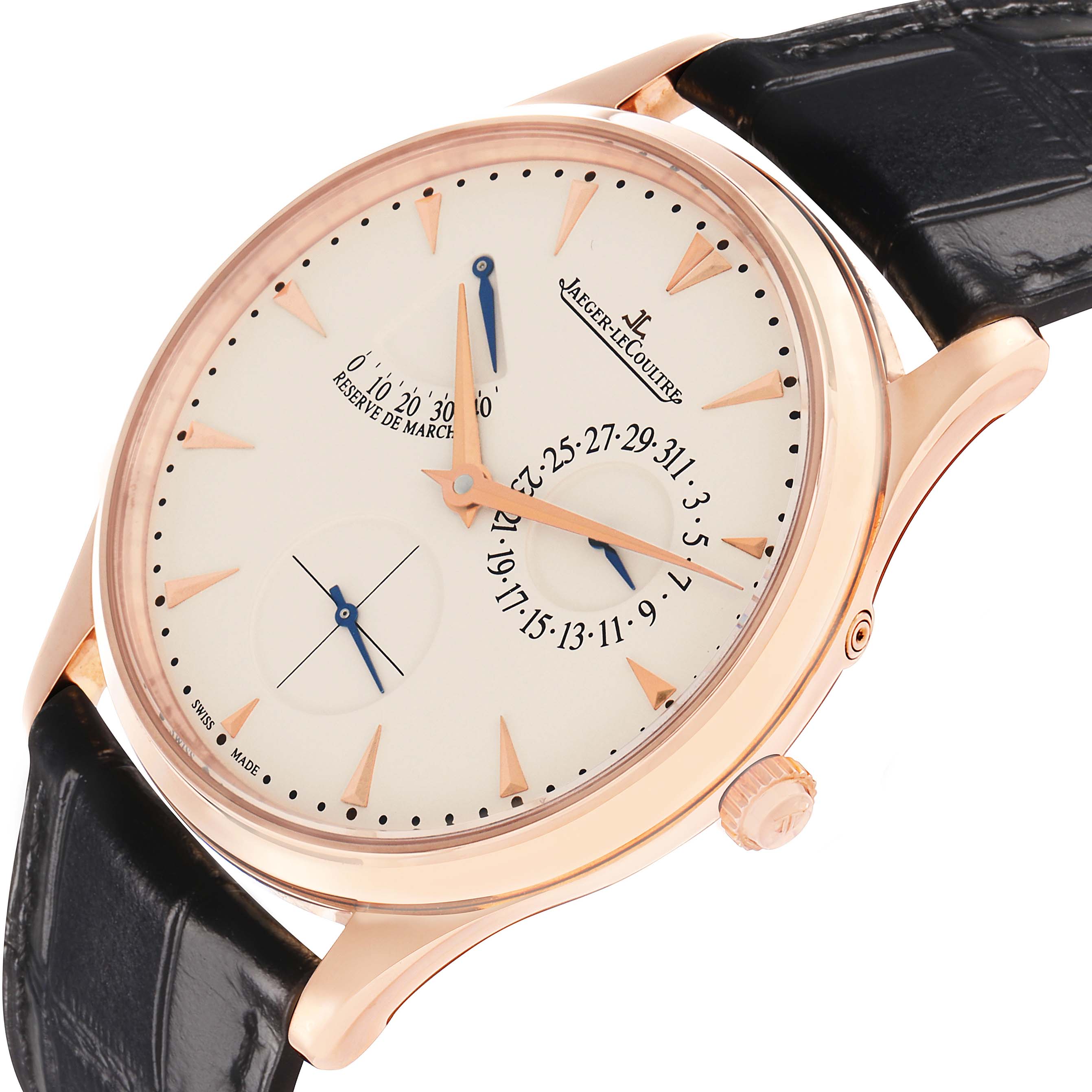 The Jaeger LeCoultre Master Q1372520 Men's Rose Gold Beige Dial model watch is shown at an angle, highlighting the dial, hands, subdials, case, and black strap.