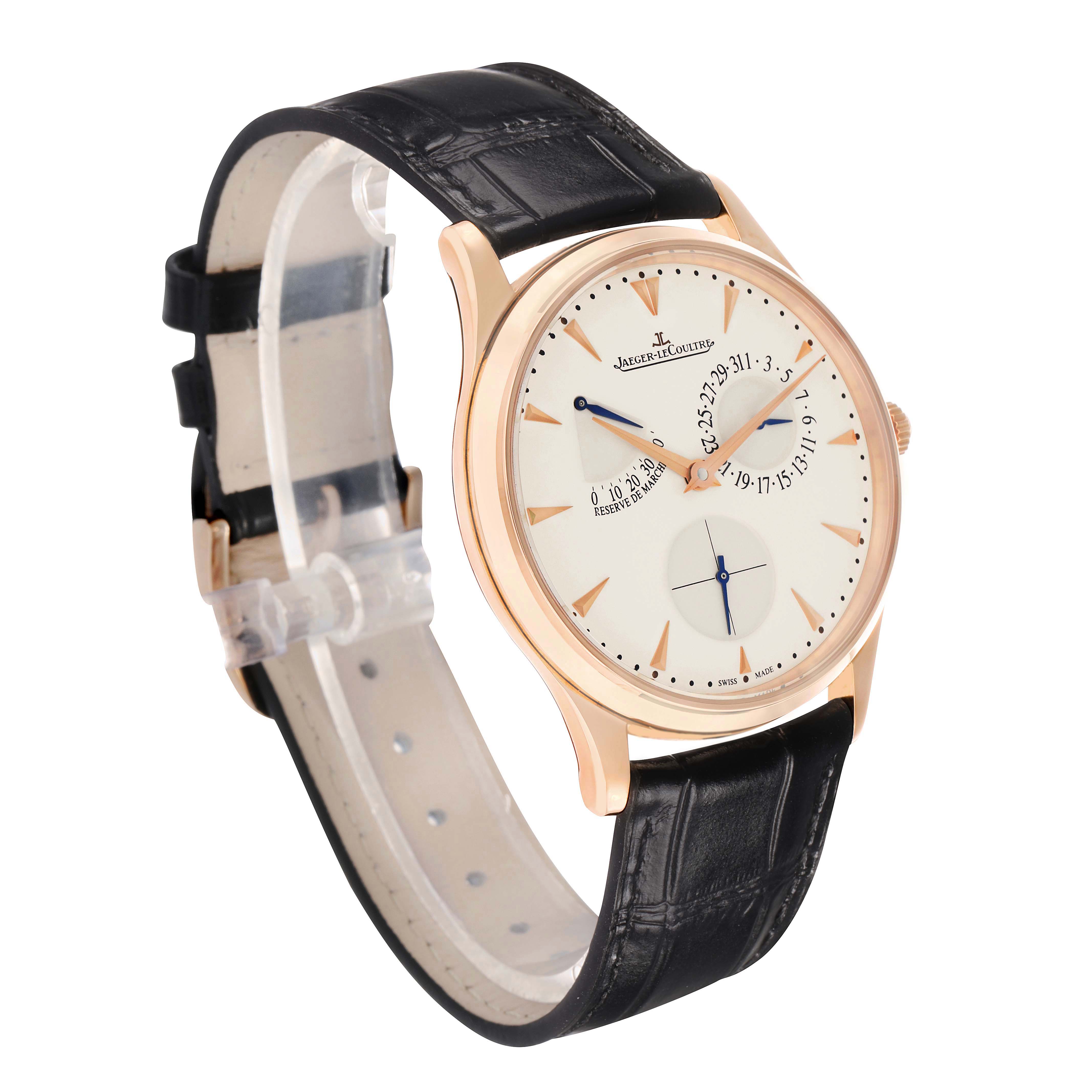 The Jaeger LeCoultre Master Q1372520 Men's Rose Gold Beige Dial watch is shown at an angle displaying the dial, case, and strap from a front-side view.